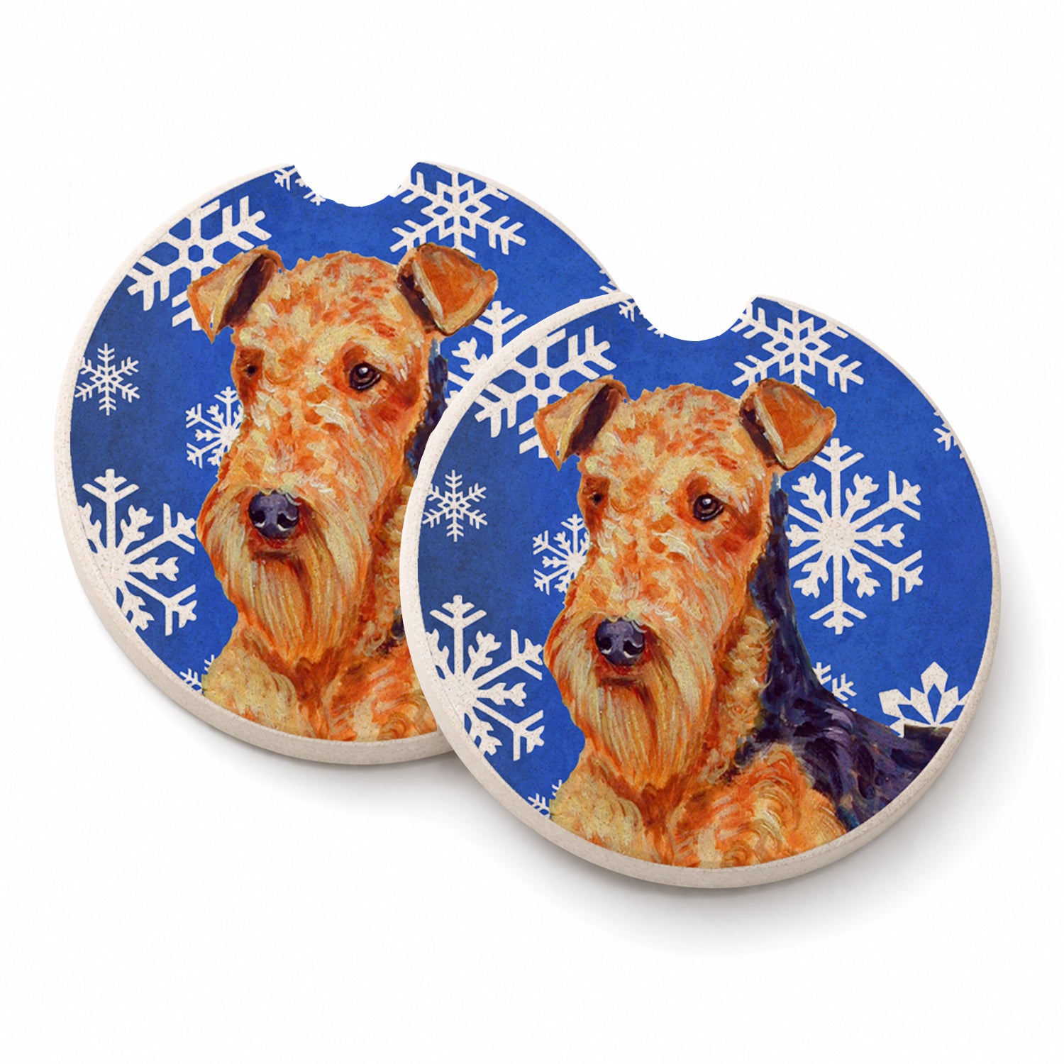 Airedale Winter Snowflakes Holiday Set of 2 Cup Holder Car Coasters Absorbent Round Sandstone Coasters Gifts for Men or Women, 2.5, Multicolor