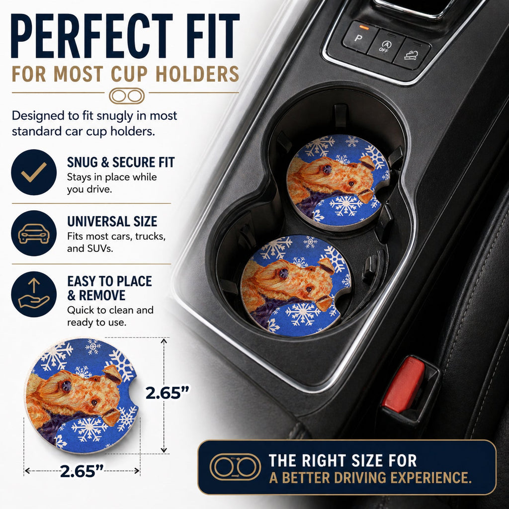 Airedale Winter Snowflakes Holiday Set of 2 Cup Holder Car Coasters Absorbent Round Sandstone Coasters Gifts for Men or Women, 2.5, Multicolor