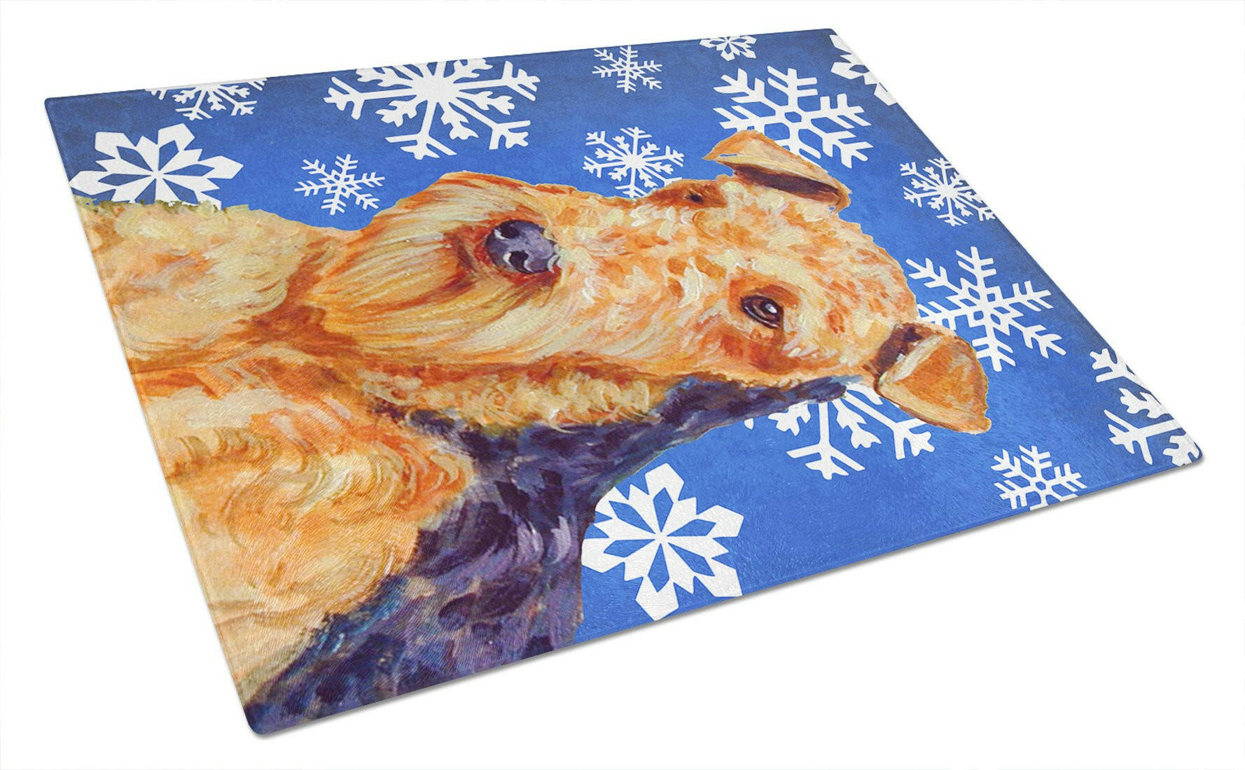 Airedale Winter Snowflakes Holiday Cutting Board Tempered Glass Kitchen Cutting Surface, Heat Resistant Chopping, Non-Slip Feet, Food Prep & Serving