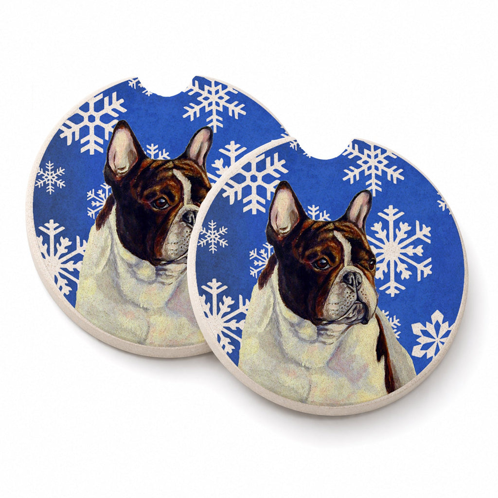 French Bulldog Winter Snowflakes Holiday Set of 2 Cup Holder Car Coasters Absorbent Round Sandstone Coasters Gifts for Men or Women, 2.5, Multicolor