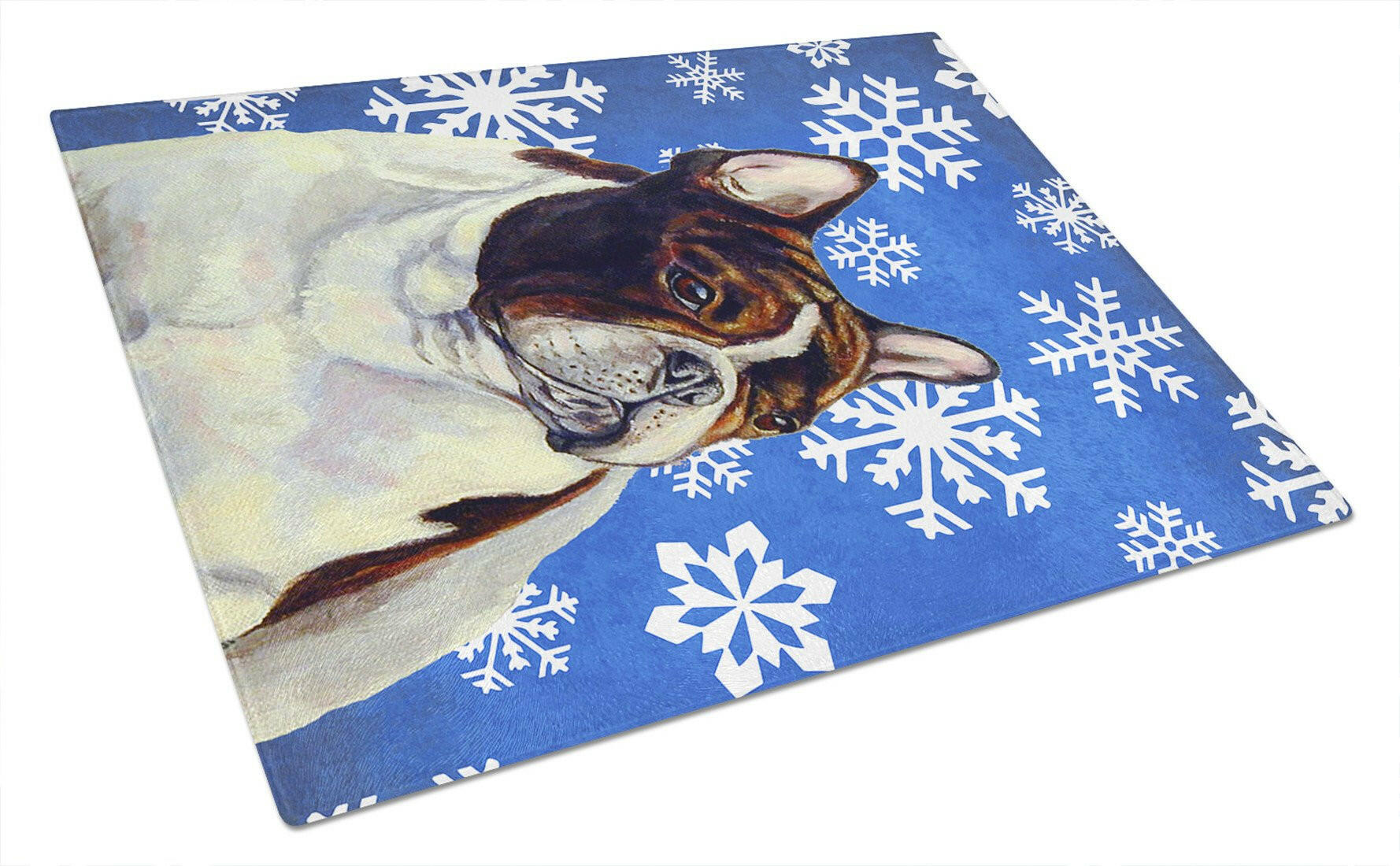 French Bulldog Winter Snowflakes Holiday Cutting Board Tempered Glass Kitchen Cutting Surface, Heat Resistant Chopping, Non-Slip Feet, Food Prep & Serving