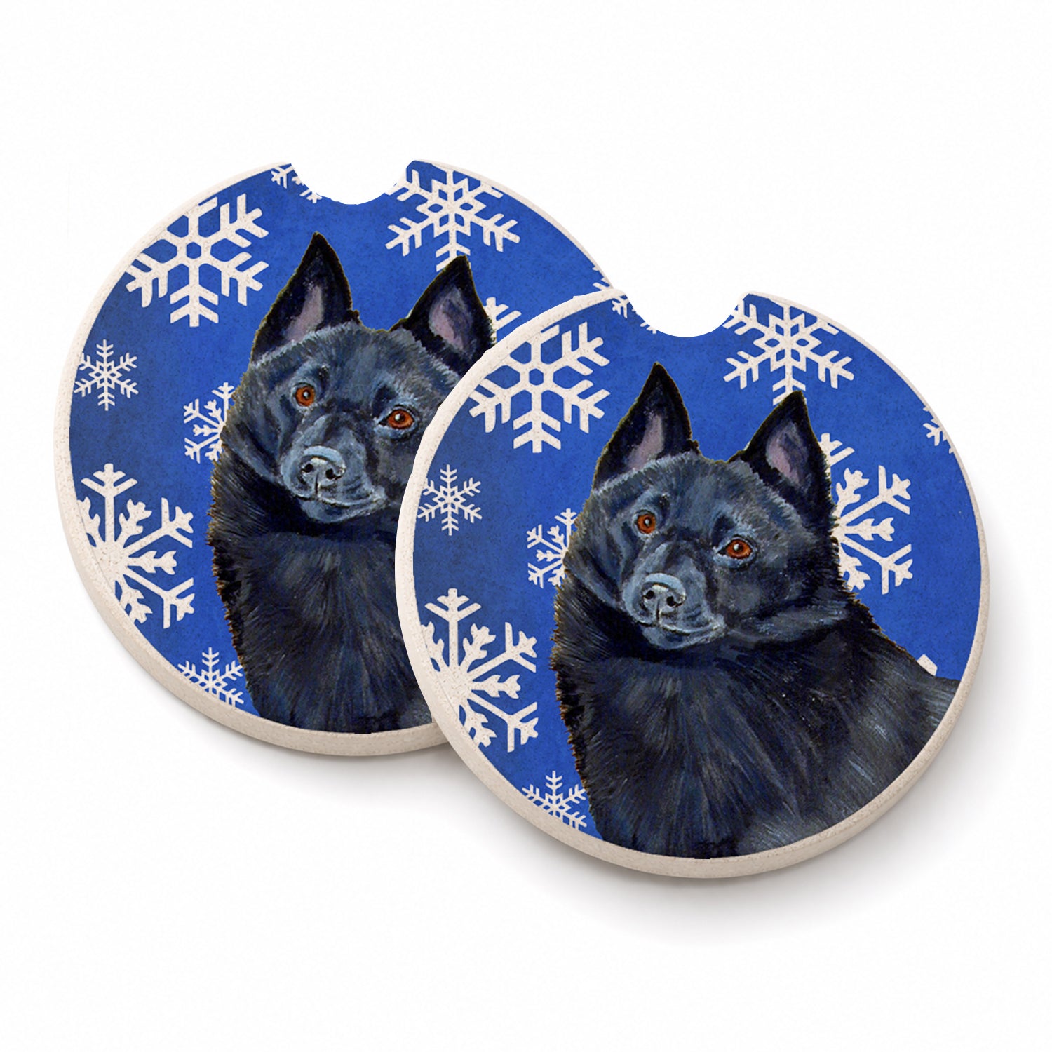Schipperke Winter Snowflakes Holiday Set of 2 Cup Holder Car Coasters Absorbent Round Sandstone Coasters Gifts for Men or Women, 2.5, Multicolor