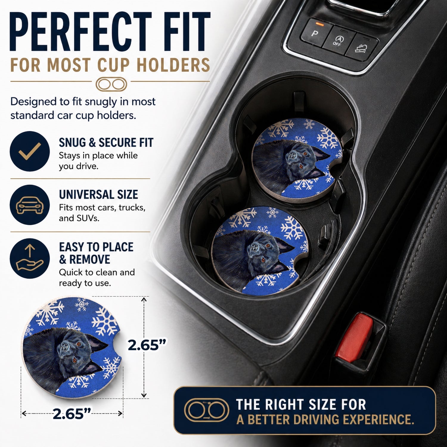 Schipperke Winter Snowflakes Holiday Set of 2 Cup Holder Car Coasters Absorbent Round Sandstone Coasters Gifts for Men or Women, 2.5, Multicolor