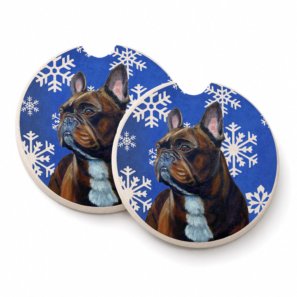 French Bulldog Winter Snowflakes Holiday Set of 2 Cup Holder Car Coasters Absorbent Round Sandstone Coasters Gifts for Men or Women, 2.5, Multicolor