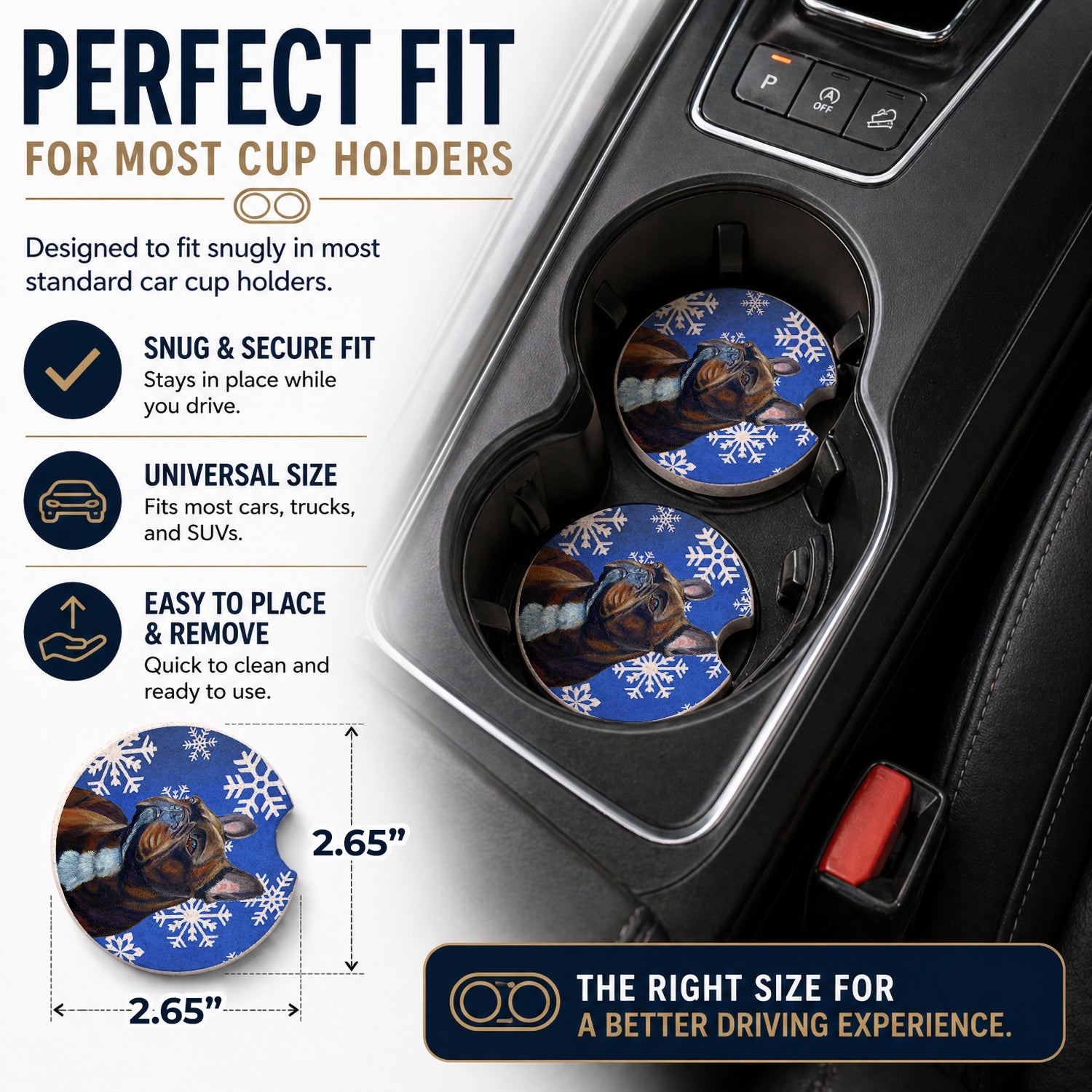 French Bulldog Winter Snowflakes Holiday Set of 2 Cup Holder Car Coasters Absorbent Round Sandstone Coasters Gifts for Men or Women, 2.5, Multicolor