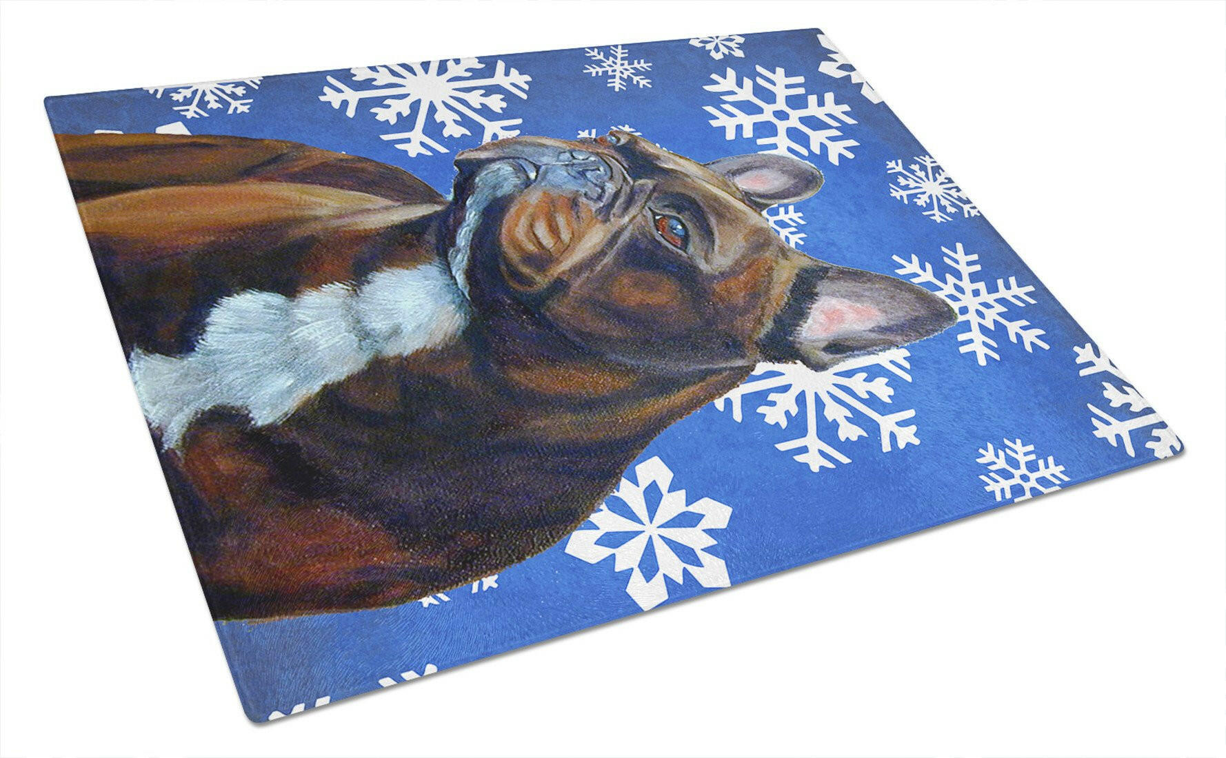 French Bulldog Winter Snowflakes Holiday Cutting Board Tempered Glass Kitchen Cutting Surface, Heat Resistant Chopping, Non-Slip Feet, Food Prep & Serving