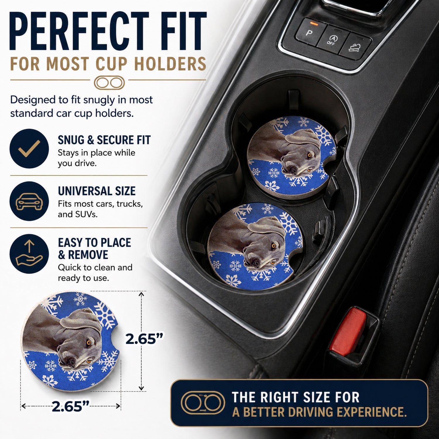 Weimaraner Winter Snowflakes Holiday Set of 2 Cup Holder Car Coasters Absorbent Round Sandstone Coasters Gifts for Men or Women, 2.5, Multicolor