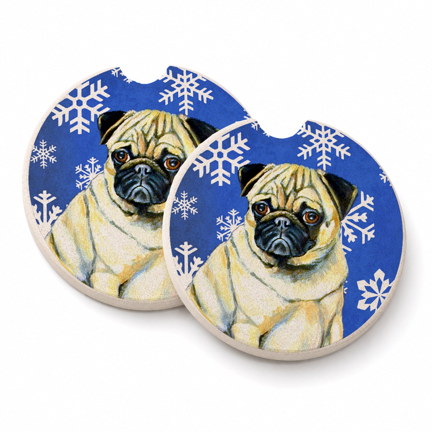 Pug Winter Snowflakes Holiday Set of 2 Cup Holder Car Coasters Absorbent Round Sandstone Coasters Gifts for Men or Women, 2.5, Multicolor