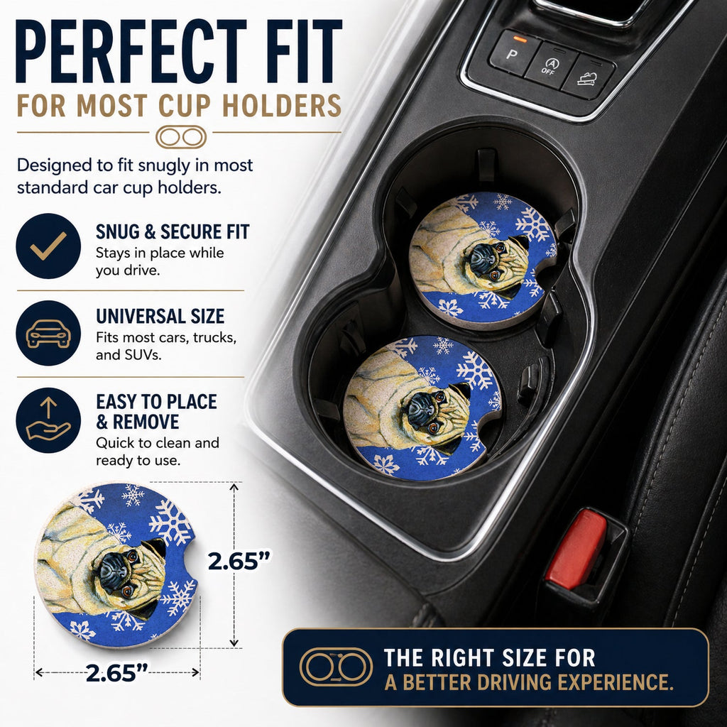Pug Winter Snowflakes Holiday Set of 2 Cup Holder Car Coasters Absorbent Round Sandstone Coasters Gifts for Men or Women, 2.5, Multicolor