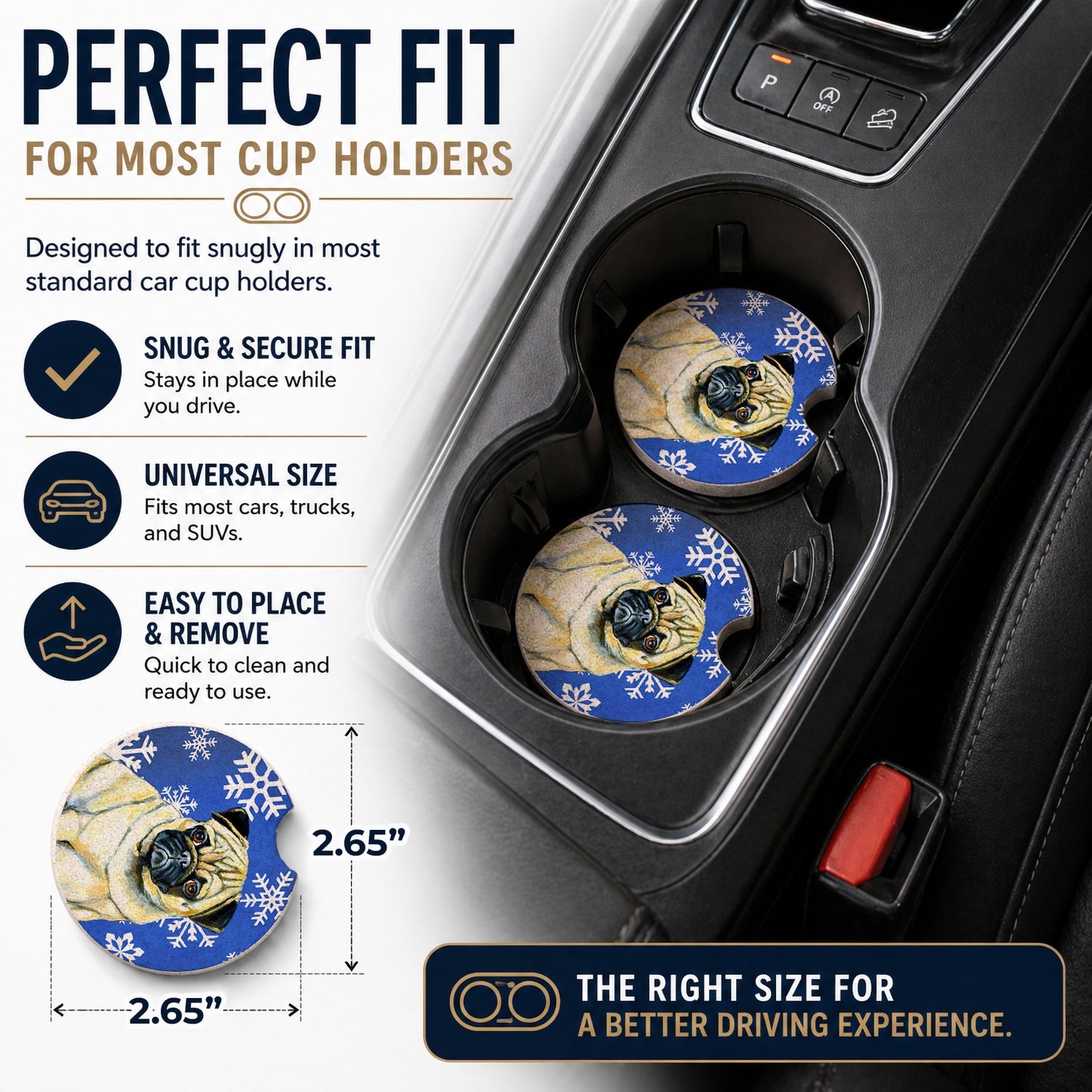 Pug Winter Snowflakes Holiday Set of 2 Cup Holder Car Coasters Absorbent Round Sandstone Coasters Gifts for Men or Women, 2.5, Multicolor