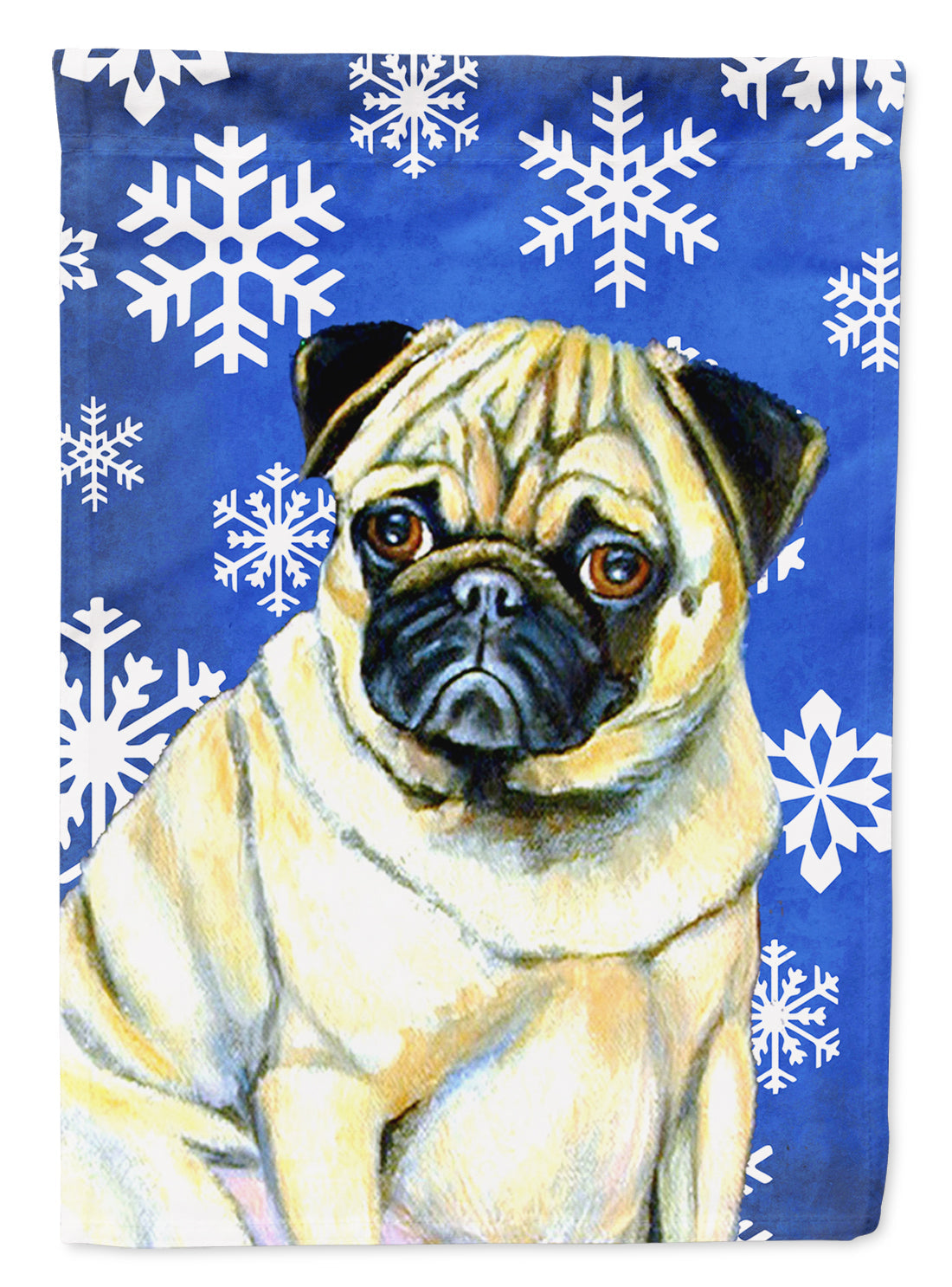 Pug Winter Snowflakes Holiday House Flag 28x40 Porch Sleeve Pole Decorative Outside Yard Banner Artwork Wall Hanging, Polyester