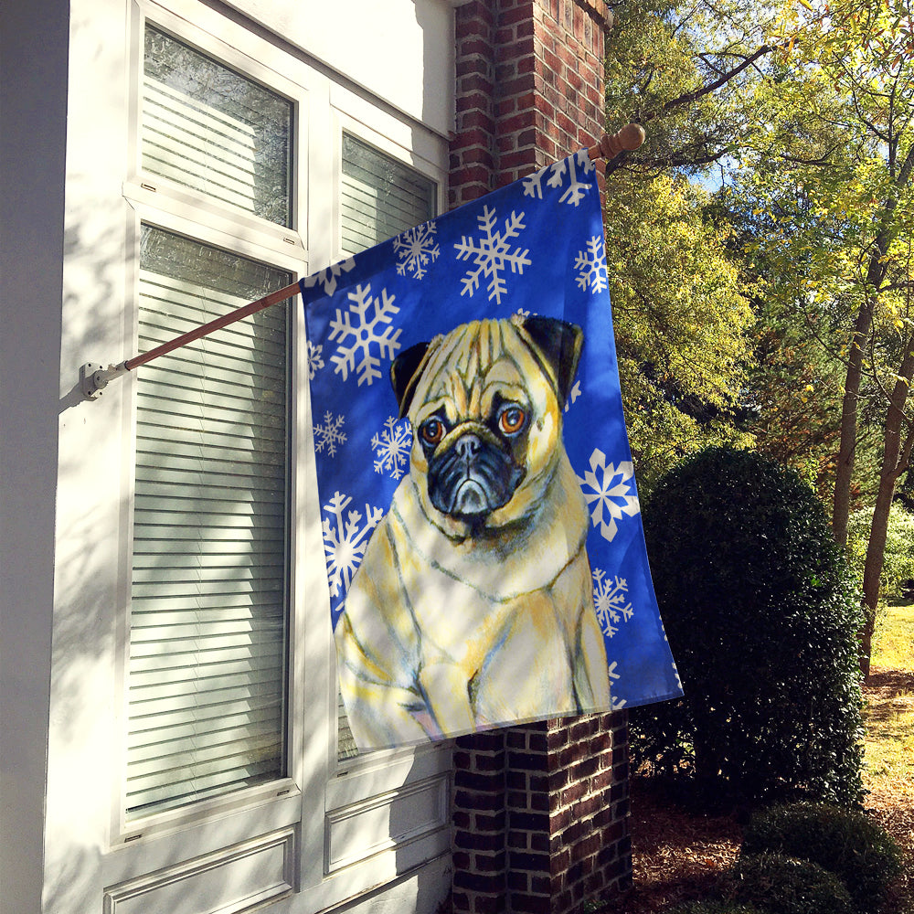 Pug Winter Snowflakes Holiday House Flag 28x40 Porch Sleeve Pole Decorative Outside Yard Banner Artwork Wall Hanging, Polyester