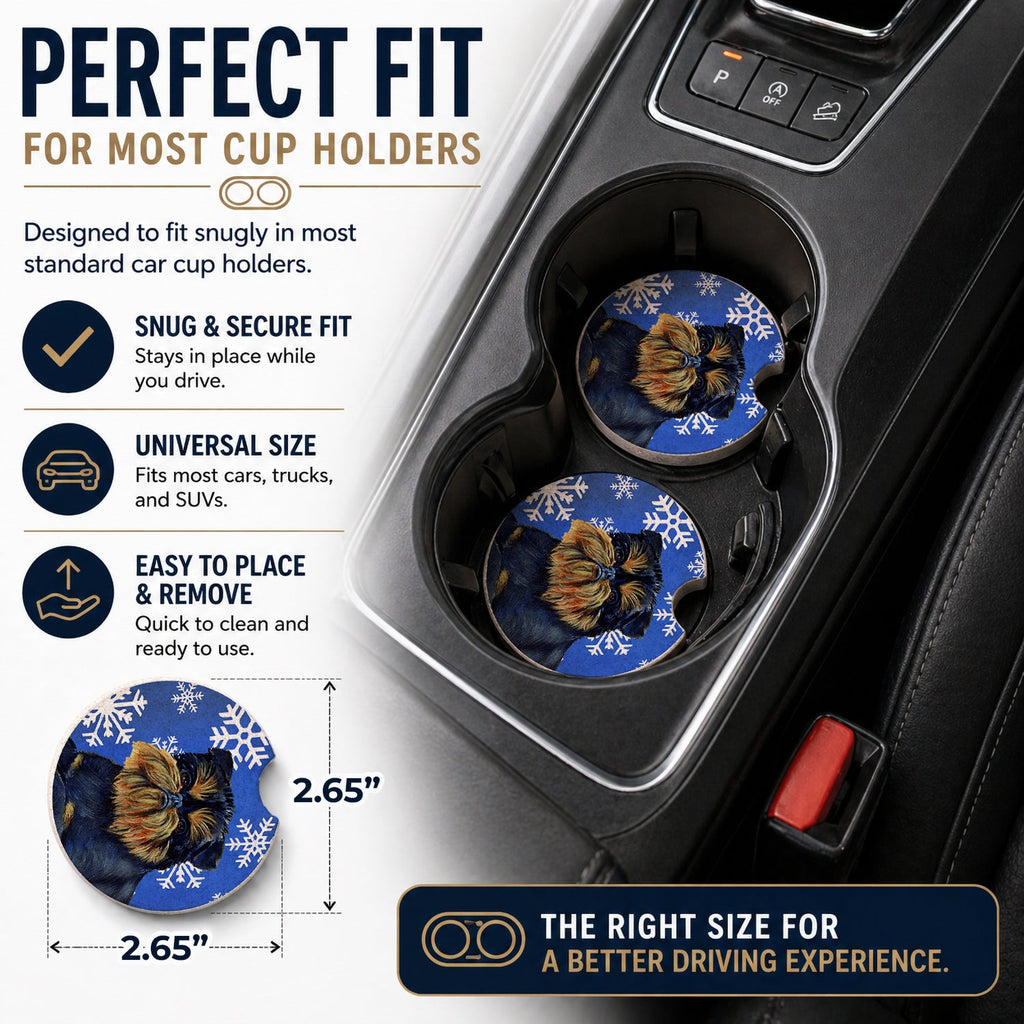 Brussels Griffon Winter Snowflakes Holiday Set of 2 Cup Holder Car Coasters Absorbent Round Sandstone Coasters Gifts for Men or Women, 2.5, Multicolor