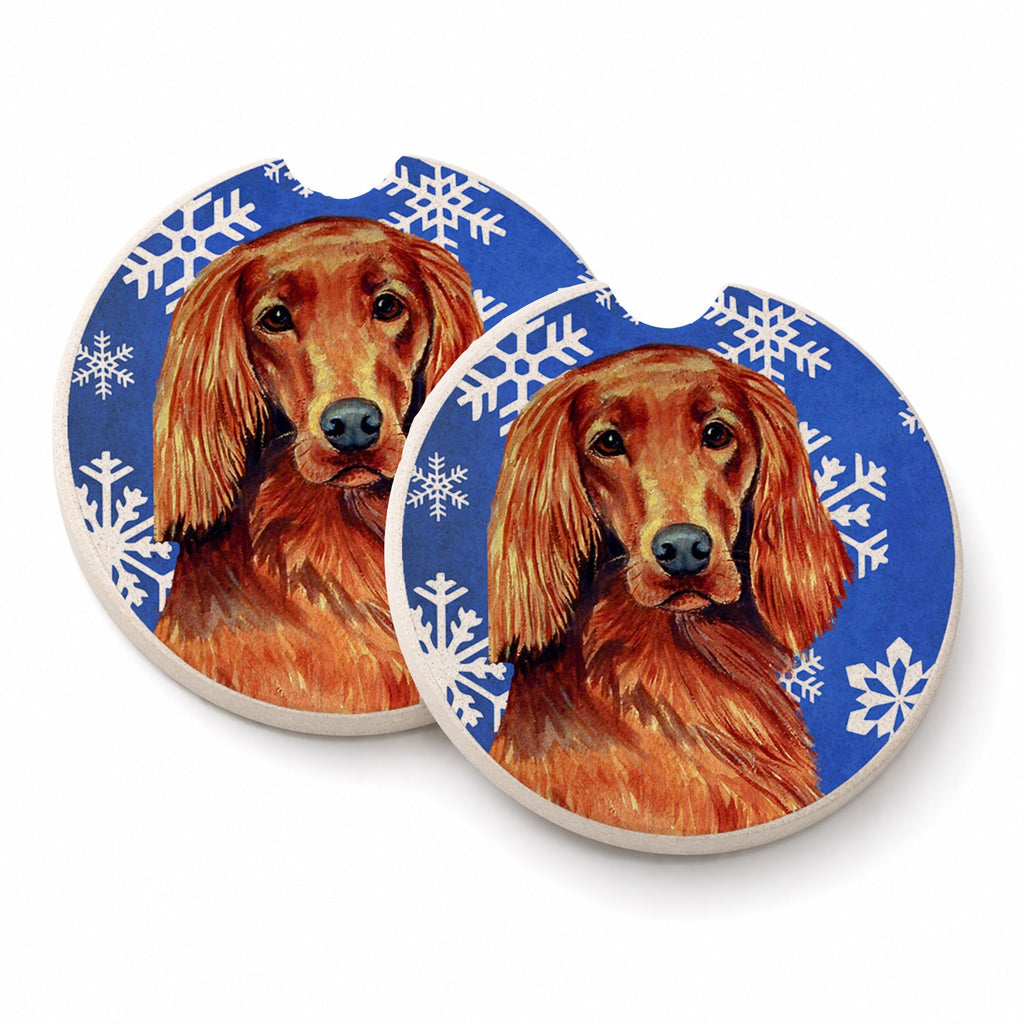 Irish Setter Winter Snowflakes Holiday Set of 2 Cup Holder Car Coasters Absorbent Round Sandstone Coasters Gifts for Men or Women, 2.5, Multicolor