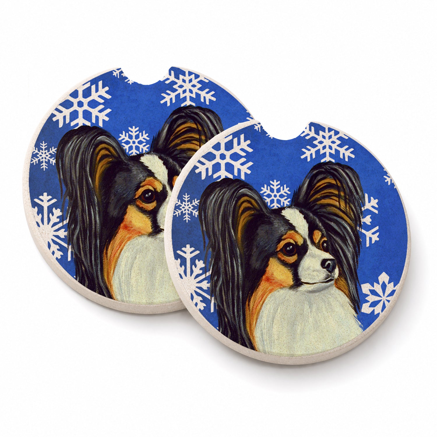 Papillon Winter Snowflakes Holiday Set of 2 Cup Holder Car Coasters Absorbent Round Sandstone Coasters Gifts for Men or Women, 2.5, Multicolor