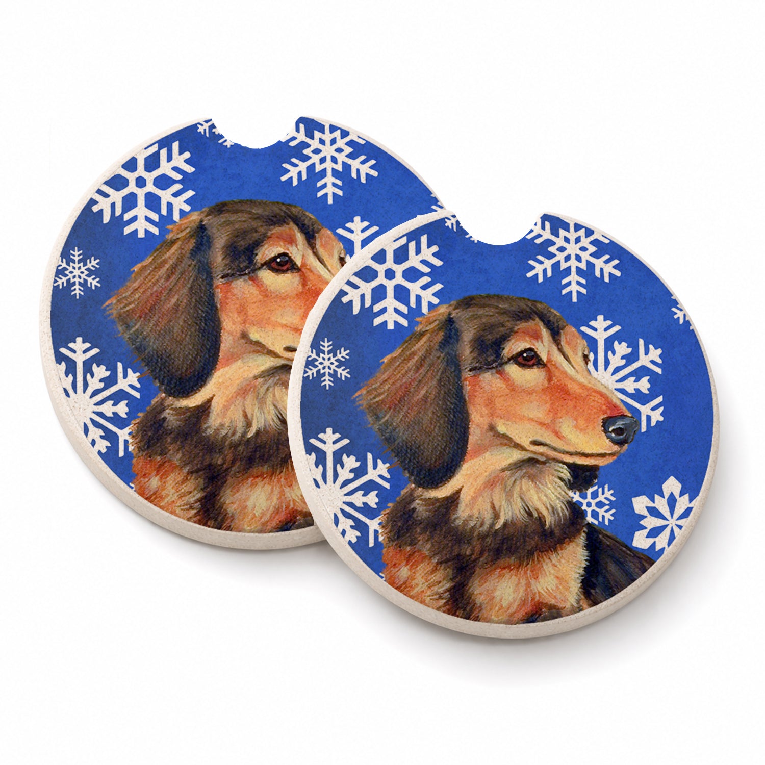 Dachshund Winter Snowflakes Holiday Set of 2 Cup Holder Car Coasters Absorbent Round Sandstone Coasters Gifts for Men or Women, 2.5, Multicolor