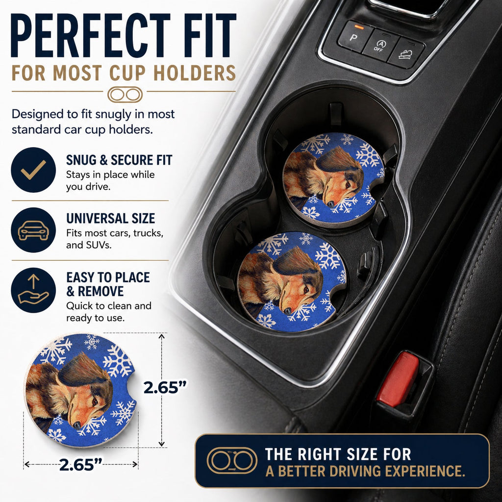 Dachshund Winter Snowflakes Holiday Set of 2 Cup Holder Car Coasters Absorbent Round Sandstone Coasters Gifts for Men or Women, 2.5, Multicolor
