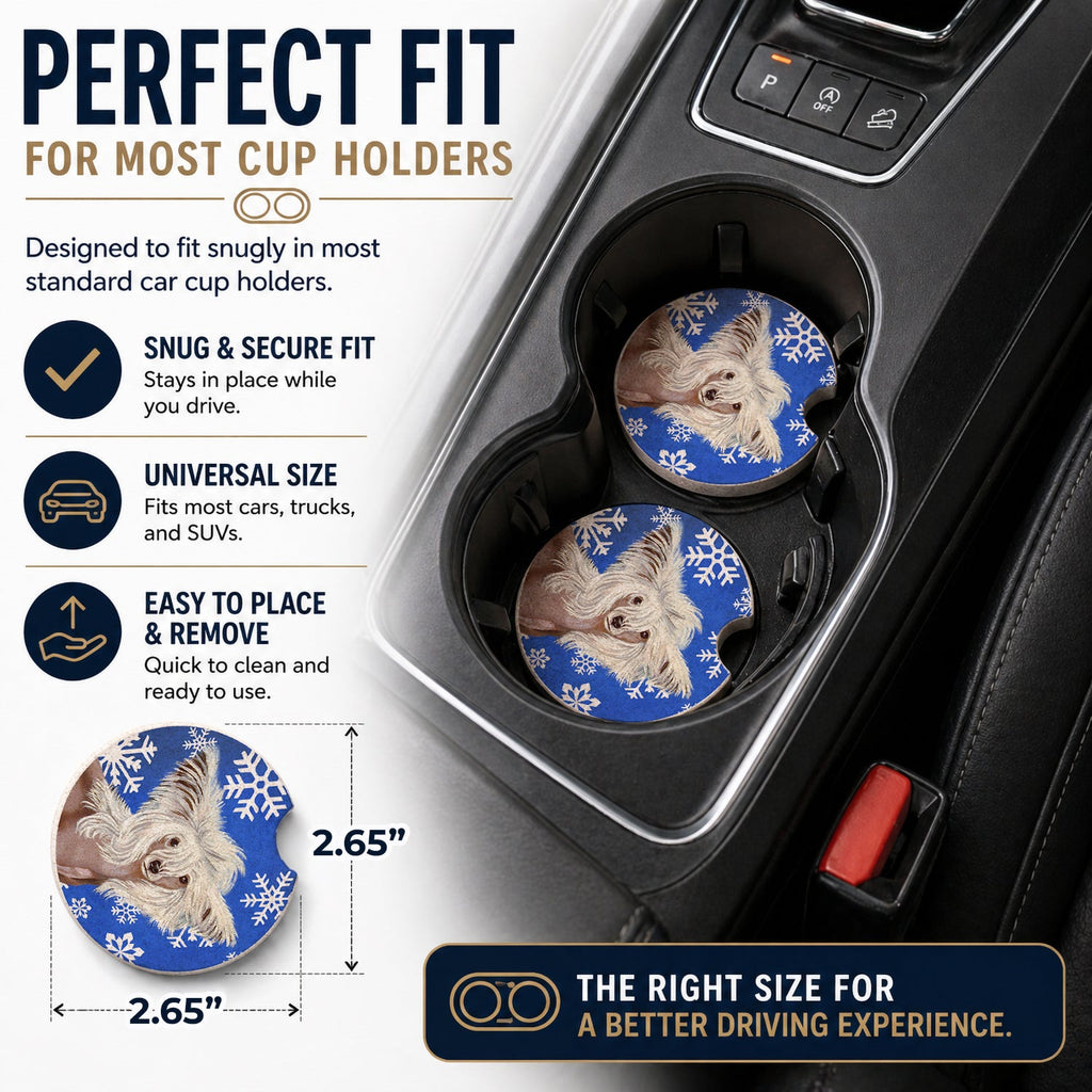 Chinese Crested Winter Snowflakes Holiday Set of 2 Cup Holder Car Coasters Absorbent Round Sandstone Coasters Gifts for Men or Women, 2.5, Multicolor