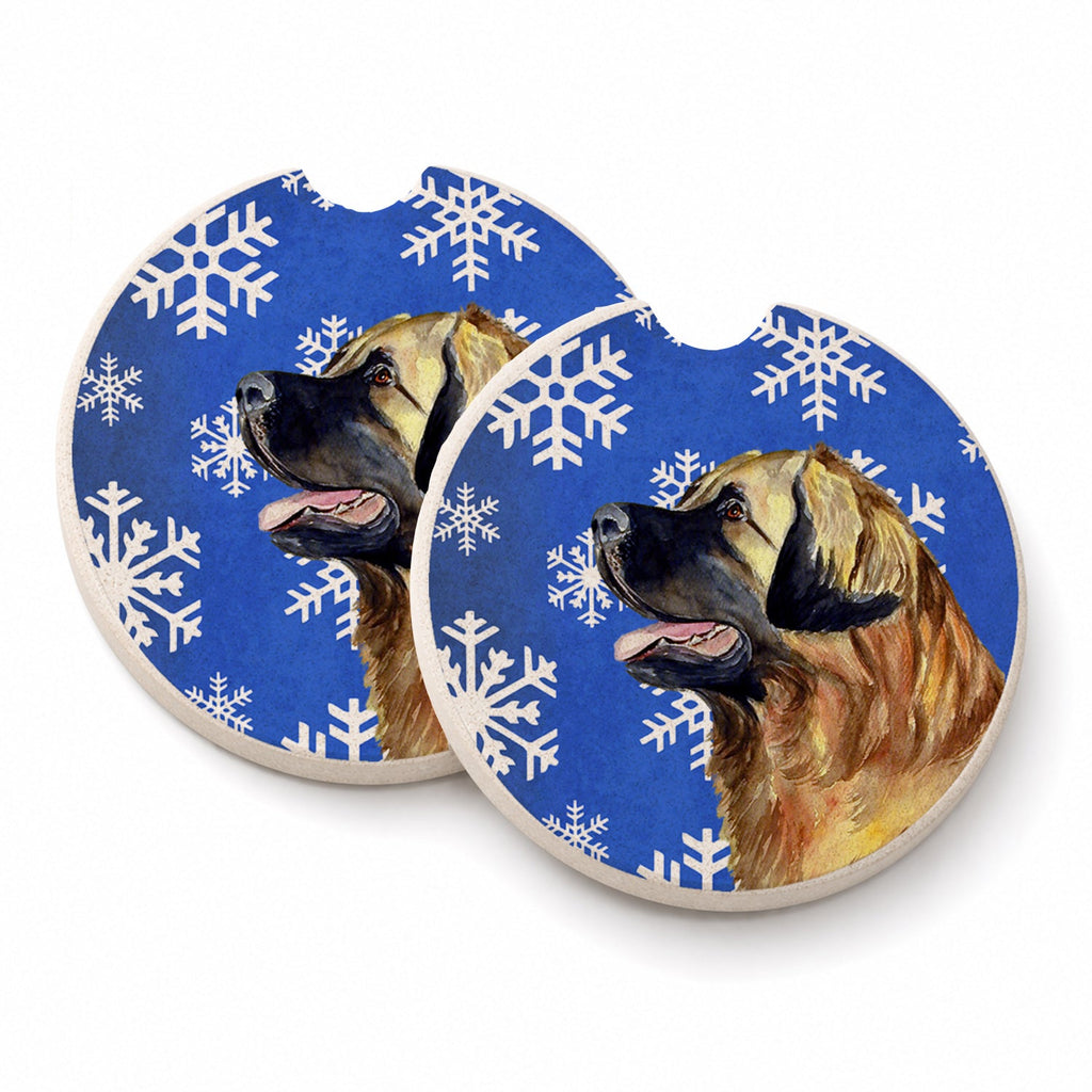 Leonberger Winter Snowflakes Holiday Set of 2 Cup Holder Car Coasters Absorbent Round Sandstone Coasters Gifts for Men or Women, 2.5, Multicolor