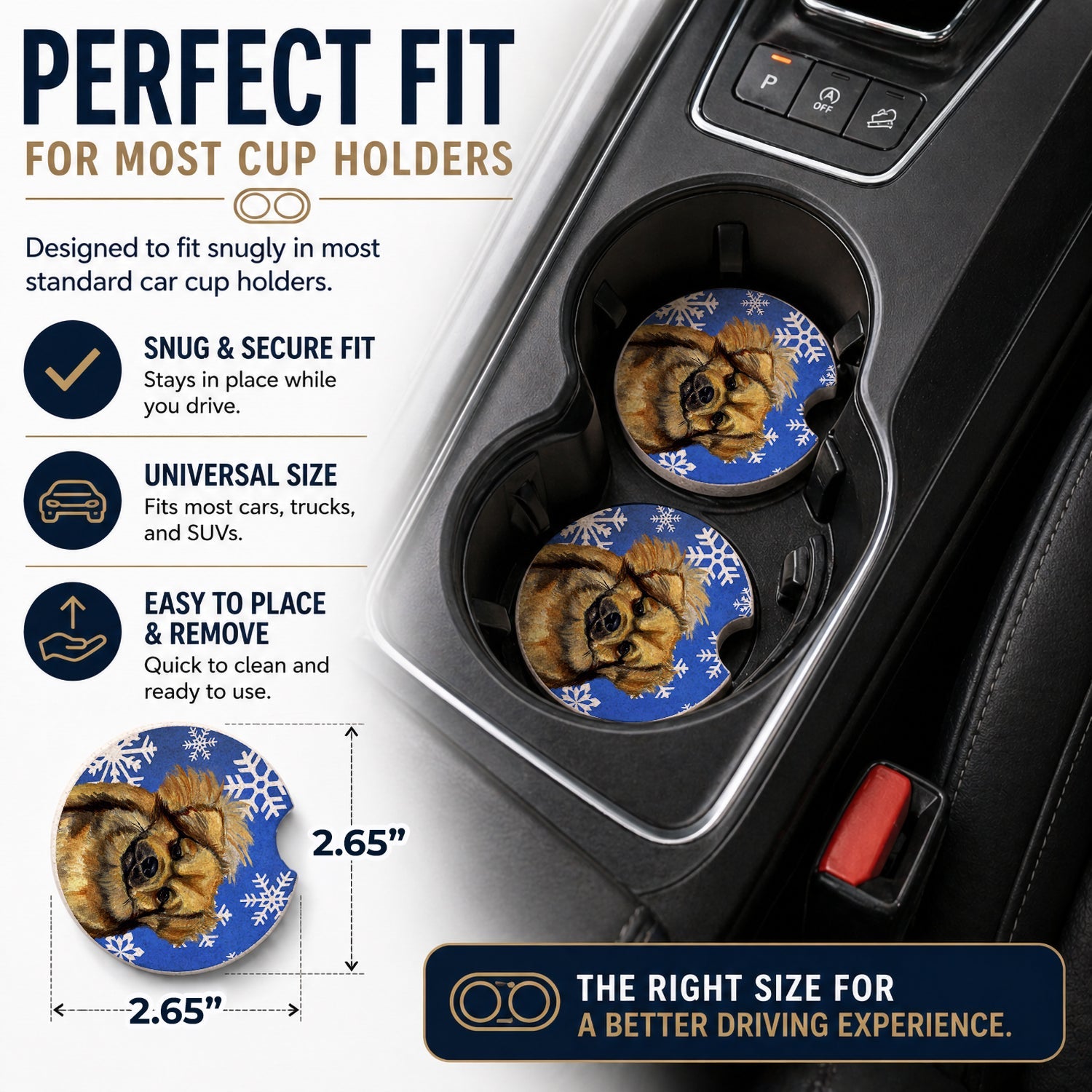 Tibetan Spaniel Winter Snowflakes Holiday Set of 2 Cup Holder Car Coasters Absorbent Round Sandstone Coasters Gifts for Men or Women, 2.5, Multicolor