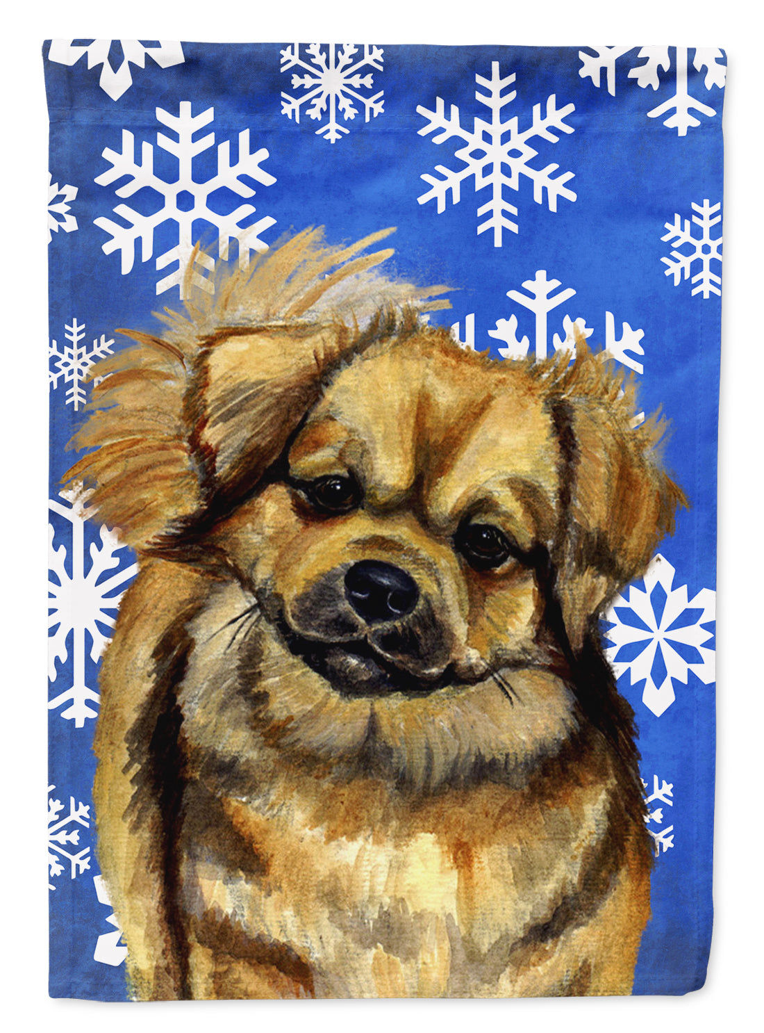 Tibetan Spaniel Winter Snowflakes Holiday House Flag 28x40 Porch Sleeve Pole Decorative Outside Yard Banner Artwork Wall Hanging, Polyester