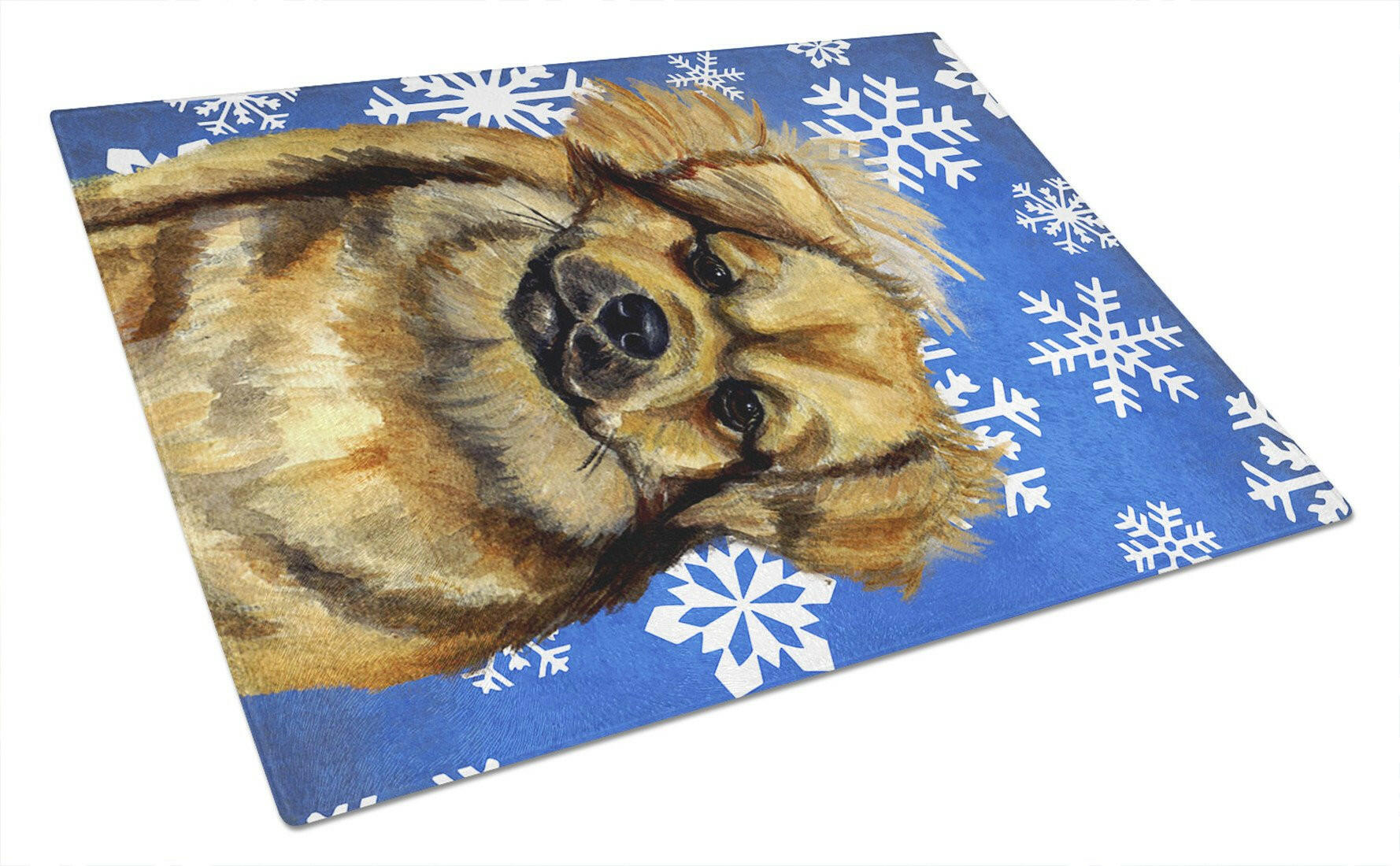 Tibetan Spaniel Winter Snowflakes Holiday Cutting Board Tempered Glass Kitchen Cutting Surface, Heat Resistant Chopping, Non-Slip Feet, Food Prep & Serving
