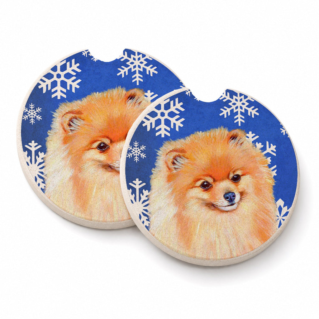 Pomeranian Winter Snowflakes Holiday Set of 2 Cup Holder Car Coasters Absorbent Round Sandstone Coasters Gifts for Men or Women, 2.5, Multicolor