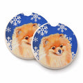 Pomeranian Winter Snowflakes Holiday Set of 2 Cup Holder Car Coasters Absorbent Round Sandstone Coasters Gifts for Men or Women, 2.5, Multicolor