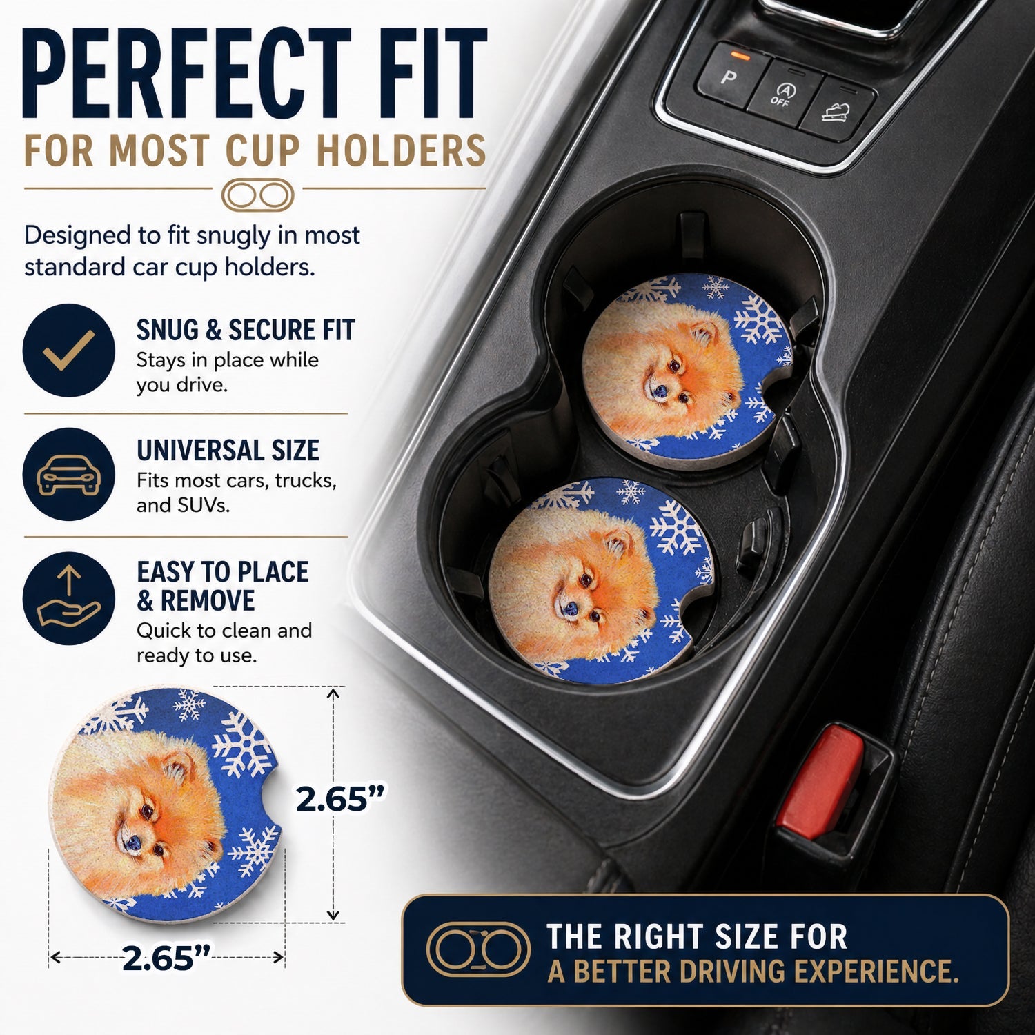 Pomeranian Winter Snowflakes Holiday Set of 2 Cup Holder Car Coasters Absorbent Round Sandstone Coasters Gifts for Men or Women, 2.5, Multicolor