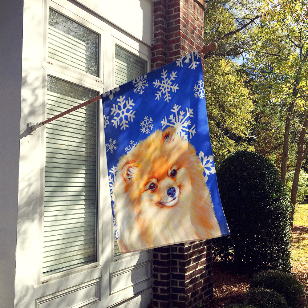 Pomeranian Winter Snowflakes Holiday House Flag 28x40 Porch Sleeve Pole Decorative Outside Yard Banner Artwork Wall Hanging, Polyester