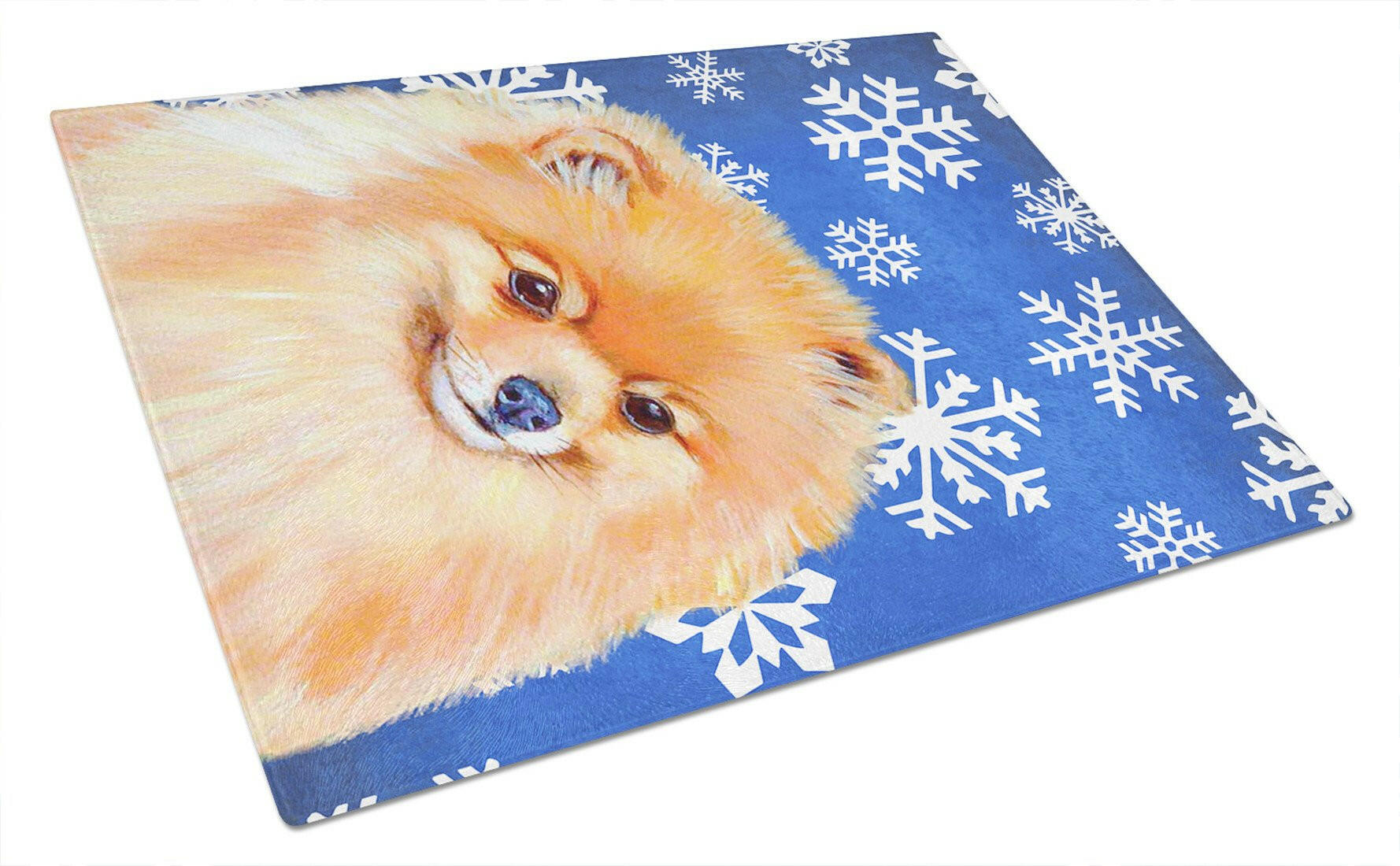 Pomeranian Winter Snowflakes Holiday Cutting Board Tempered Glass Kitchen Cutting Surface, Heat Resistant Chopping, Non-Slip Feet, Food Prep & Serving
