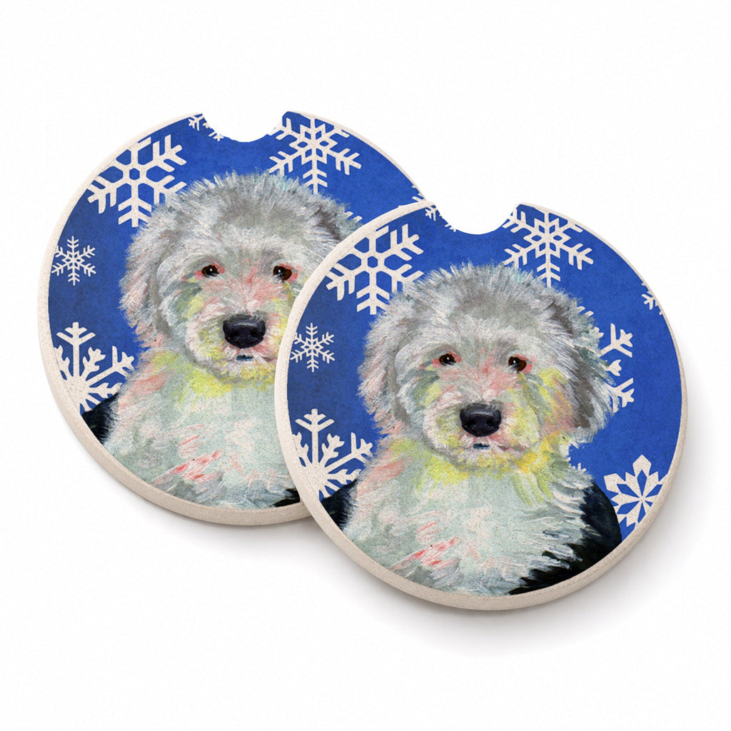 Old English Sheepdog Winter Snowflakes Holiday Set of 2 Cup Holder Car Coasters Absorbent Round Sandstone Coasters Gifts for Men or Women, 2.5, Multicolor