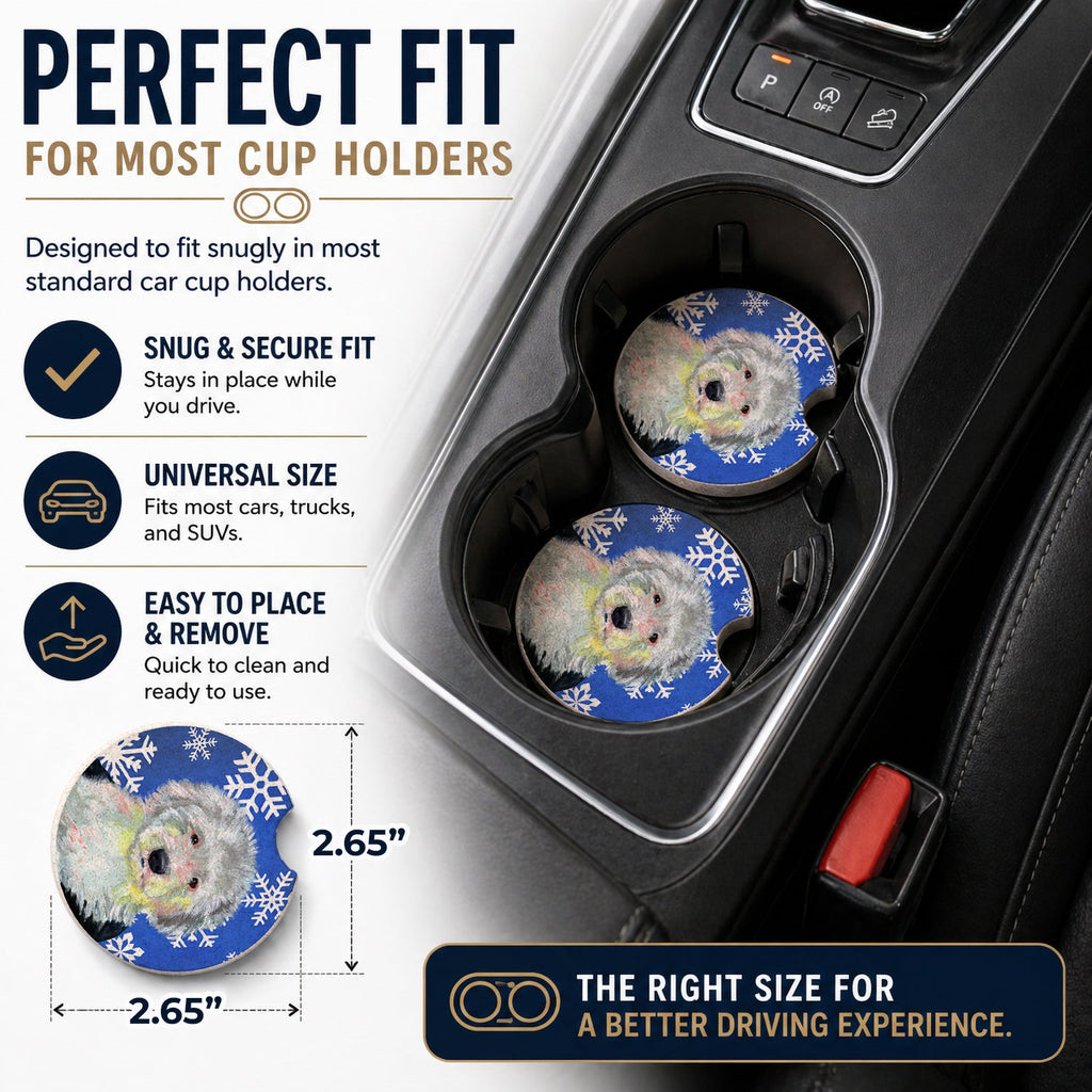Old English Sheepdog Winter Snowflakes Holiday Set of 2 Cup Holder Car Coasters Absorbent Round Sandstone Coasters Gifts for Men or Women, 2.5, Multicolor