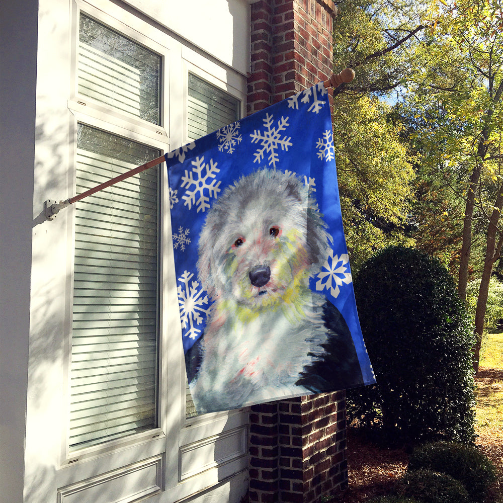 Old English Sheepdog Winter Snowflakes Holiday House Flag 28x40 Porch Sleeve Pole Decorative Outside Yard Banner Artwork Wall Hanging, Polyester