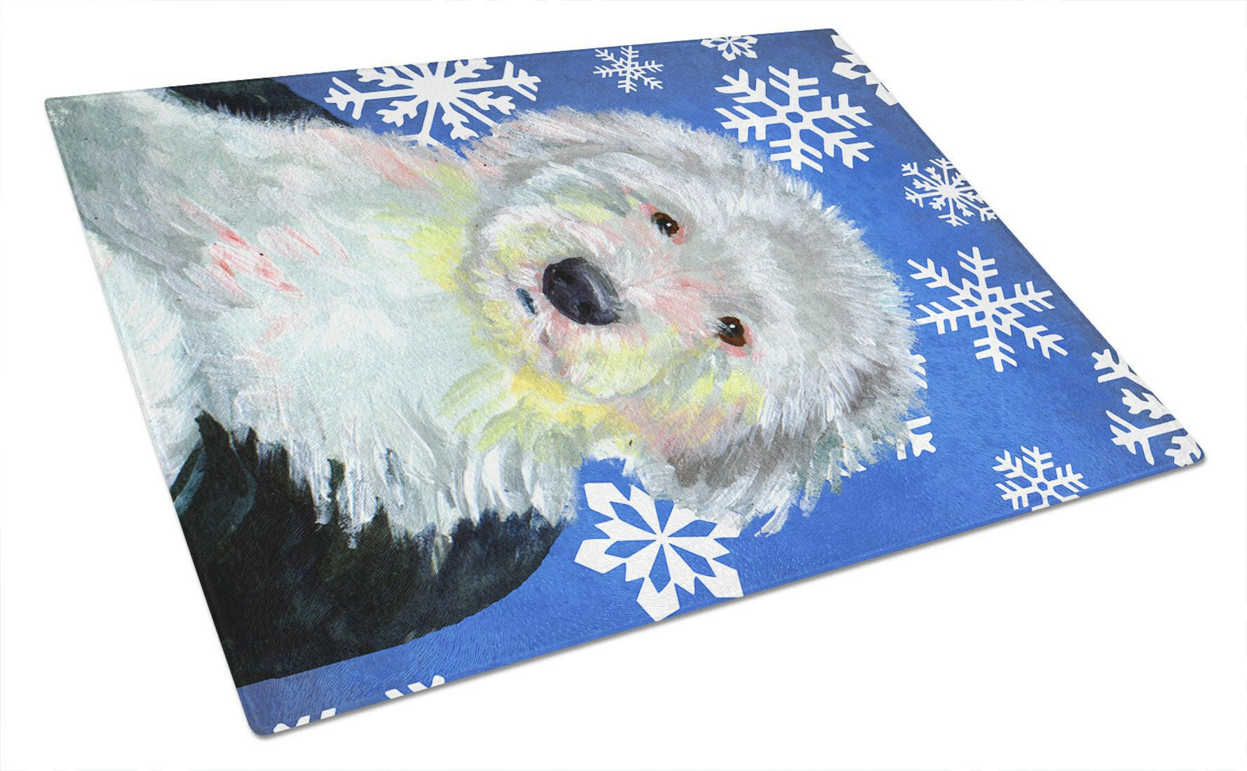 Old English Sheepdog Winter Snowflakes Holiday Cutting Board Tempered Glass Kitchen Cutting Surface, Heat Resistant Chopping, Non-Slip Feet, Food Prep & Serving