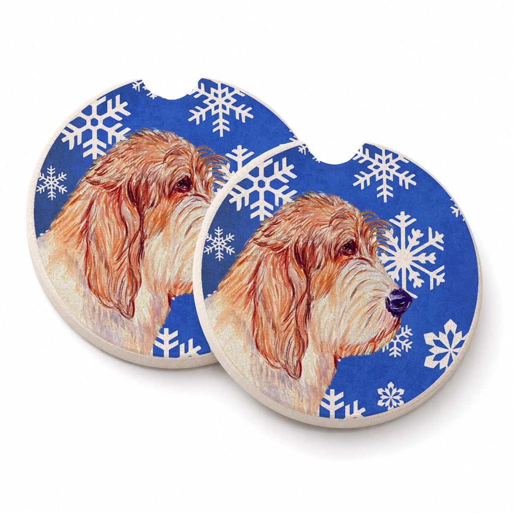 Petit Basset Griffon Vendeen Winter Snowflakes Holiday Set of 2 Cup Holder Car Coasters Absorbent Round Sandstone Coasters Gifts for Men or Women, 2.5, Multicolor