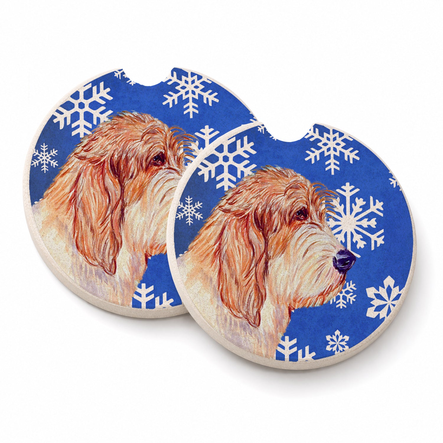 Petit Basset Griffon Vendeen Winter Snowflakes Holiday Set of 2 Cup Holder Car Coasters Absorbent Round Sandstone Coasters Gifts for Men or Women, 2.5, Multicolor