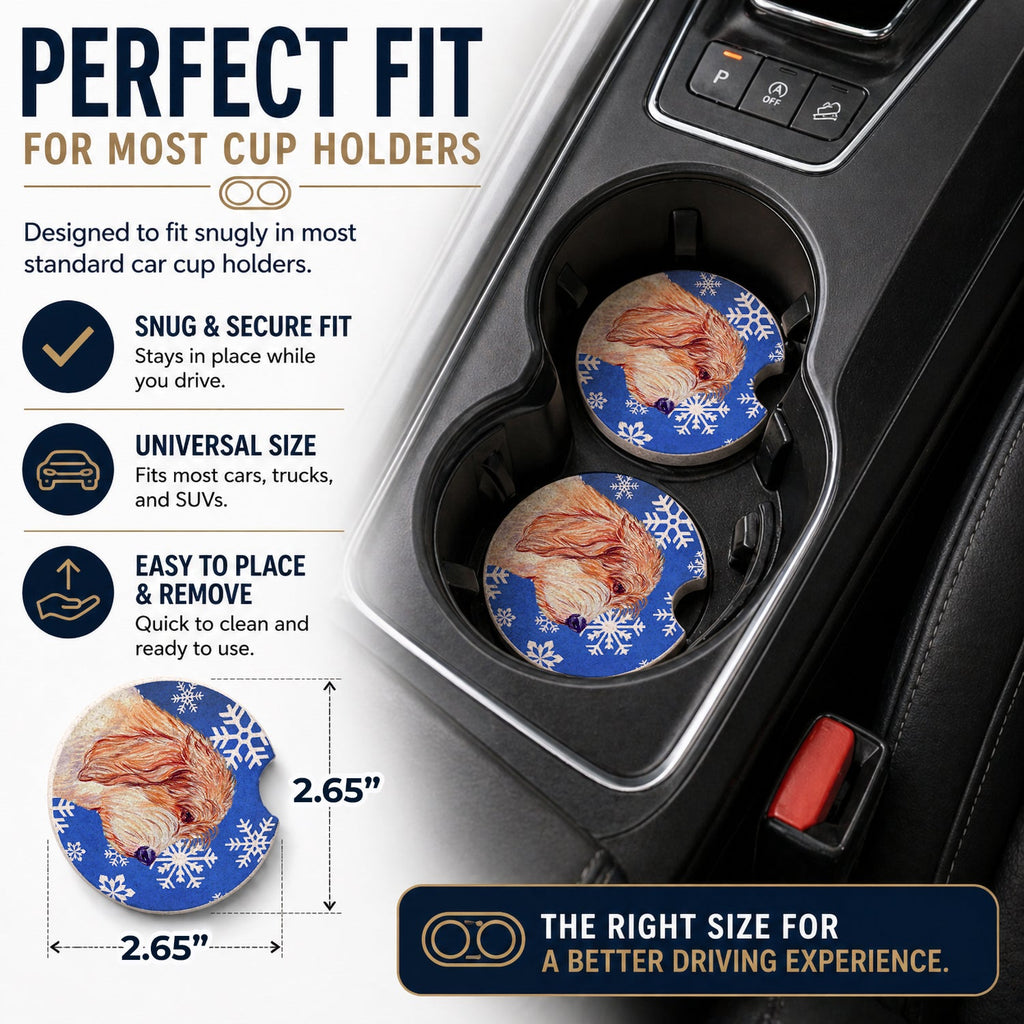Petit Basset Griffon Vendeen Winter Snowflakes Holiday Set of 2 Cup Holder Car Coasters Absorbent Round Sandstone Coasters Gifts for Men or Women, 2.5, Multicolor