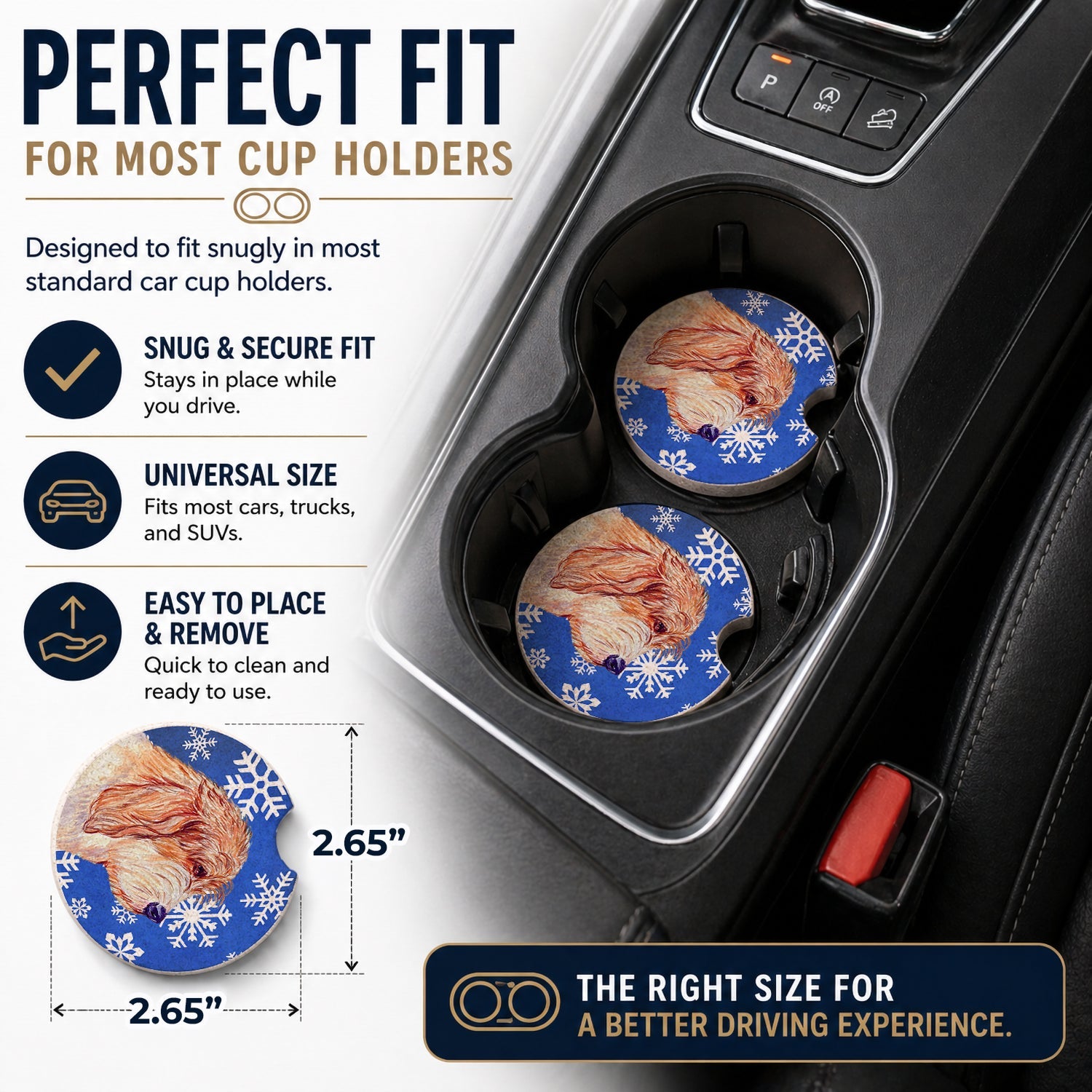 Petit Basset Griffon Vendeen Winter Snowflakes Holiday Set of 2 Cup Holder Car Coasters Absorbent Round Sandstone Coasters Gifts for Men or Women, 2.5, Multicolor