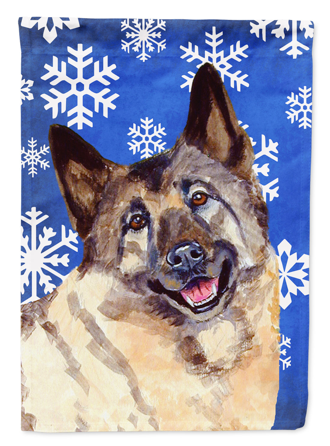 Norwegian Elkhound Winter Snowflakes Holiday House Flag 28x40 Porch Sleeve Pole Decorative Outside Yard Banner Artwork Wall Hanging, Polyester