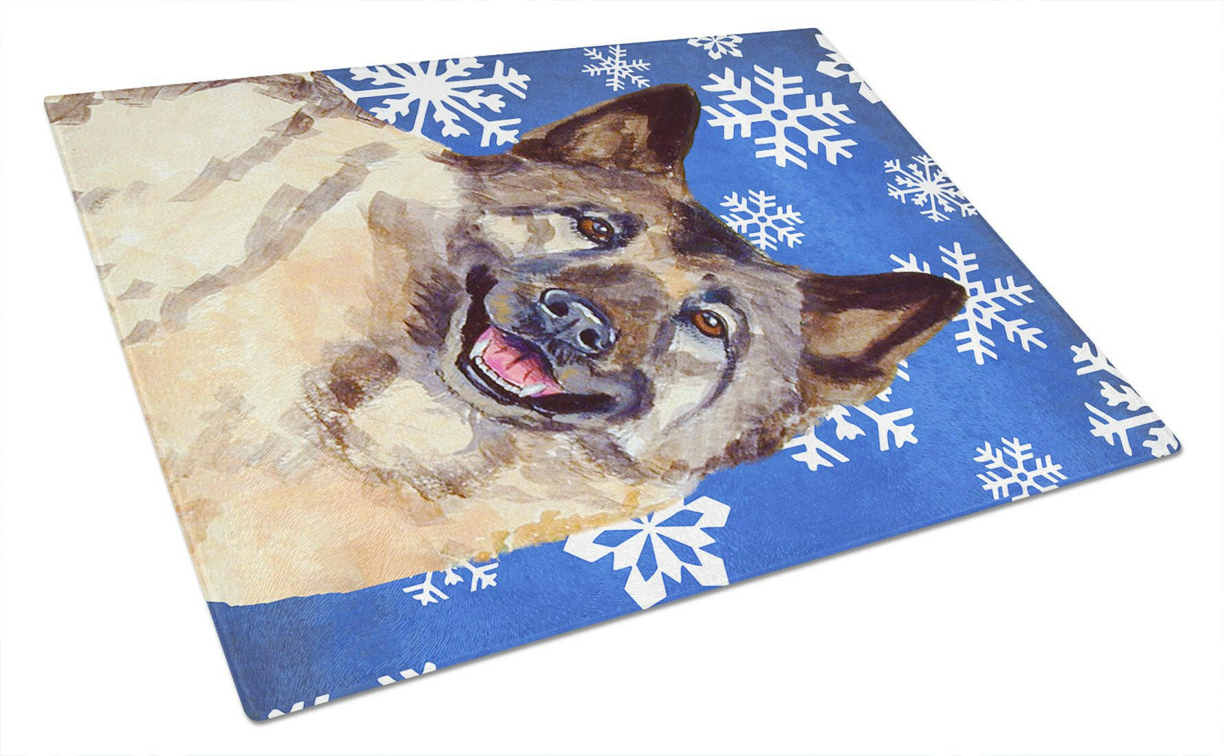 Norwegian Elkhound Winter Snowflakes Holiday Cutting Board Tempered Glass Kitchen Cutting Surface, Heat Resistant Chopping, Non-Slip Feet, Food Prep & Serving
