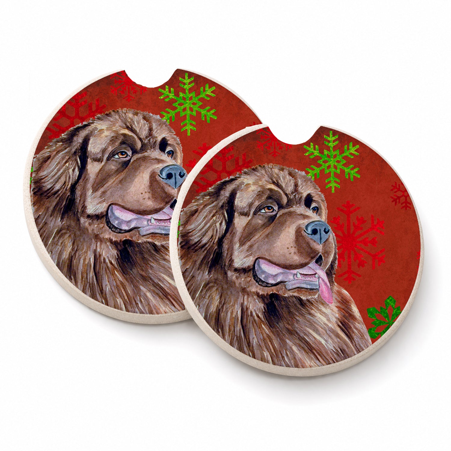 Newfoundland Red and Green Snowflakes Holiday Christmas Set of 2 Cup Holder Car Coasters Absorbent Round Sandstone Coasters Gifts for Men or Women, 2.5, Multicolor