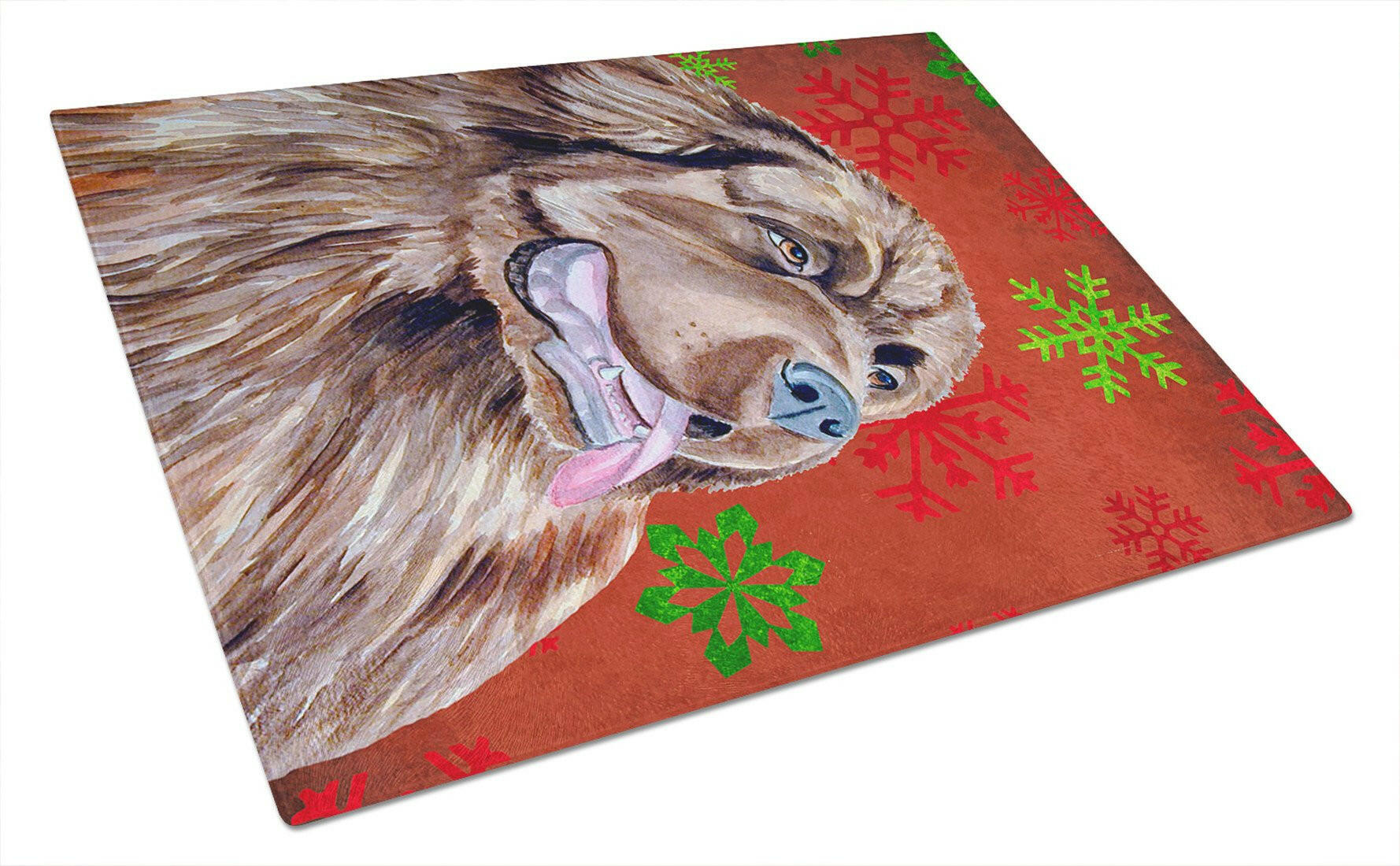 Newfoundland Red and Green Snowflakes Holiday Christmas Cutting Board Tempered Glass Kitchen Cutting Surface, Heat Resistant Chopping, Non-Slip Feet, Food Prep & Serving