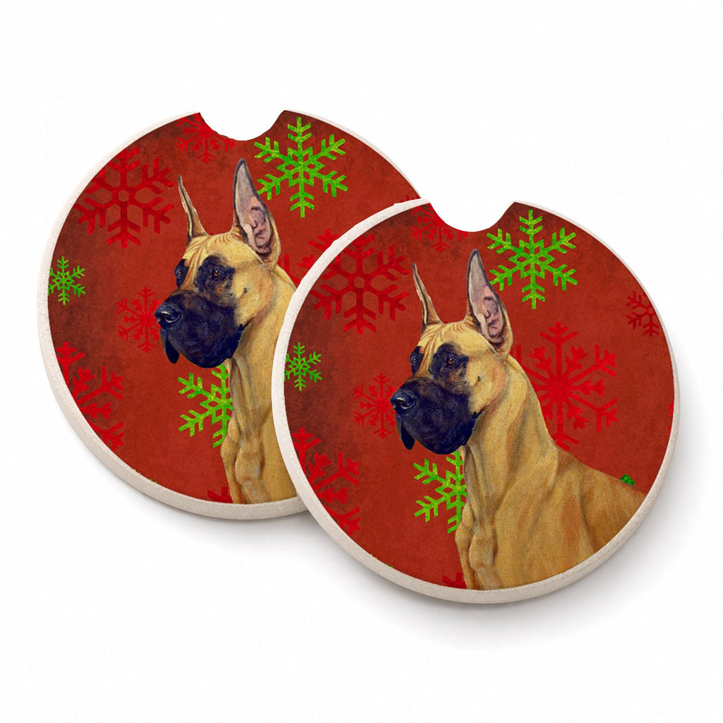 Great Dane Red and Green Snowflakes Holiday Christmas Set of 2 Cup Holder Car Coasters Absorbent Round Sandstone Coasters Gifts for Men or Women, 2.5, Multicolor