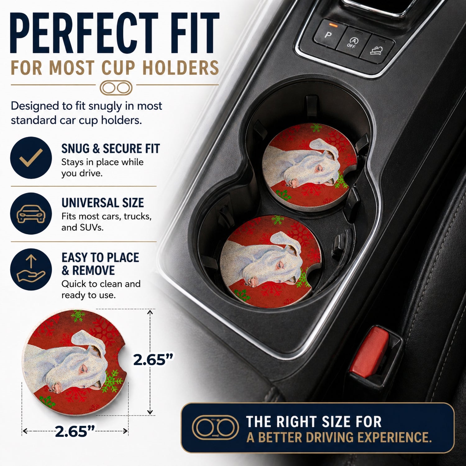 Great Dane Red and Green Snowflakes Holiday Christmas Set of 2 Cup Holder Car Coasters Absorbent Round Sandstone Coasters Gifts for Men or Women, 2.5, Multicolor