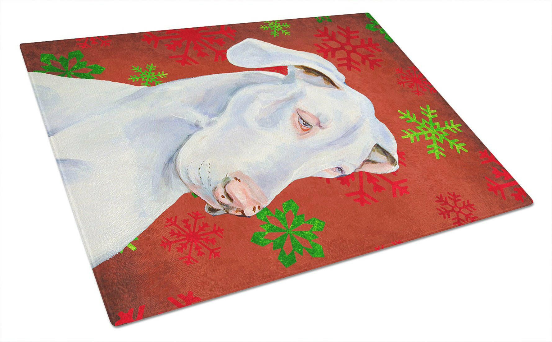Great Dane Red and Green Snowflakes Holiday Christmas Cutting Board Tempered Glass Kitchen Cutting Surface, Heat Resistant Chopping, Non-Slip Feet, Food Prep & Serving
