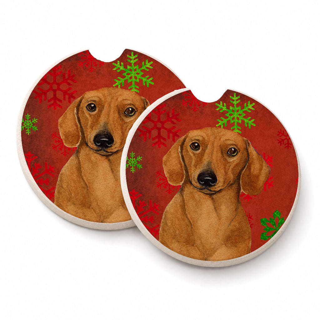 Dachshund Red and Green Snowflakes Holiday Christmas Set of 2 Cup Holder Car Coasters Absorbent Round Sandstone Coasters Gifts for Men or Women, 2.5, Multicolor