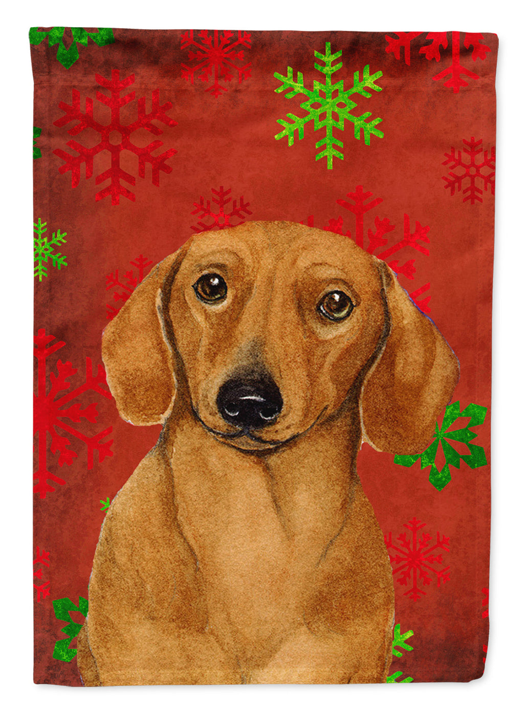 Dachshund Red and Green Snowflakes Holiday Christmas House Flag 28x40 Porch Sleeve Pole Decorative Outside Yard Banner Artwork Wall Hanging, Polyester