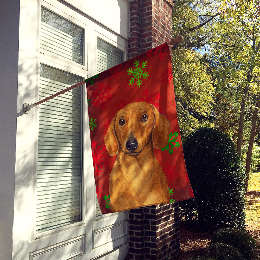 Dachshund Red and Green Snowflakes Holiday Christmas House Flag 28x40 Porch Sleeve Pole Decorative Outside Yard Banner Artwork Wall Hanging, Polyester