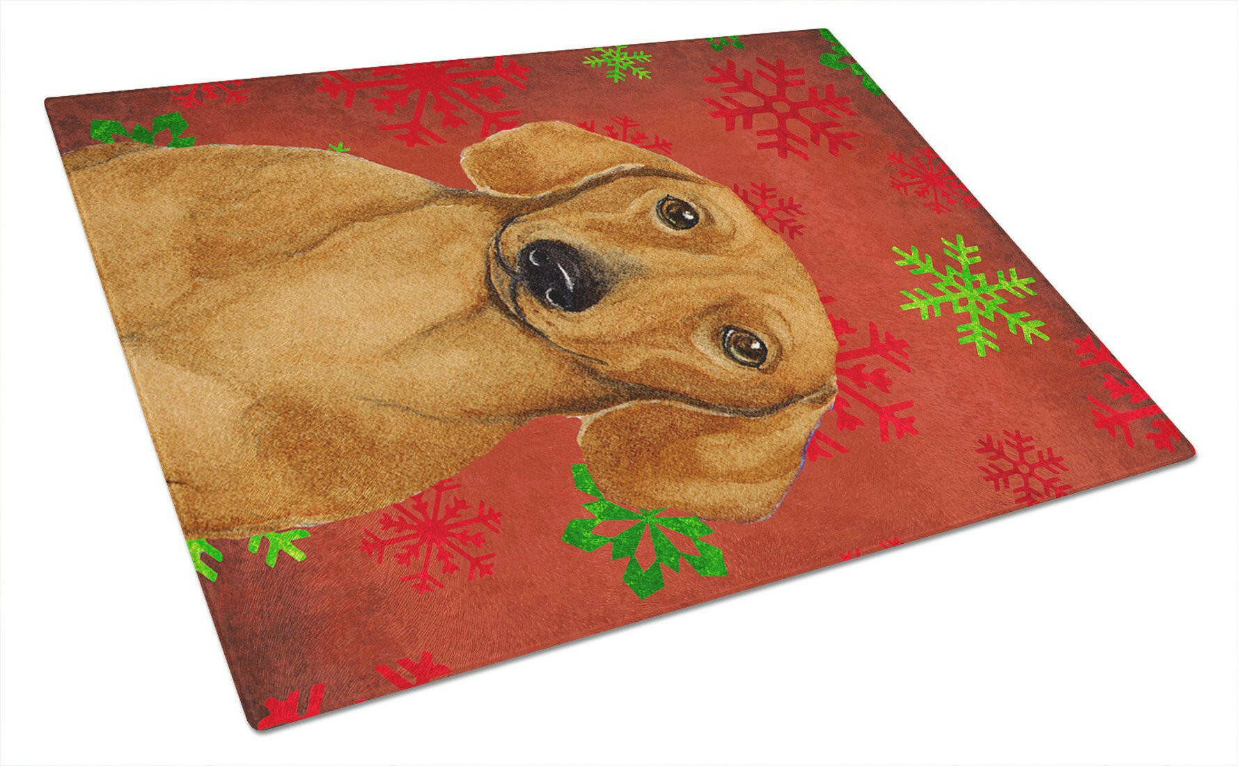 Dachshund Red and Green Snowflakes Holiday Christmas Cutting Board Tempered Glass Kitchen Cutting Surface, Heat Resistant Chopping, Non-Slip Feet, Food Prep & Serving